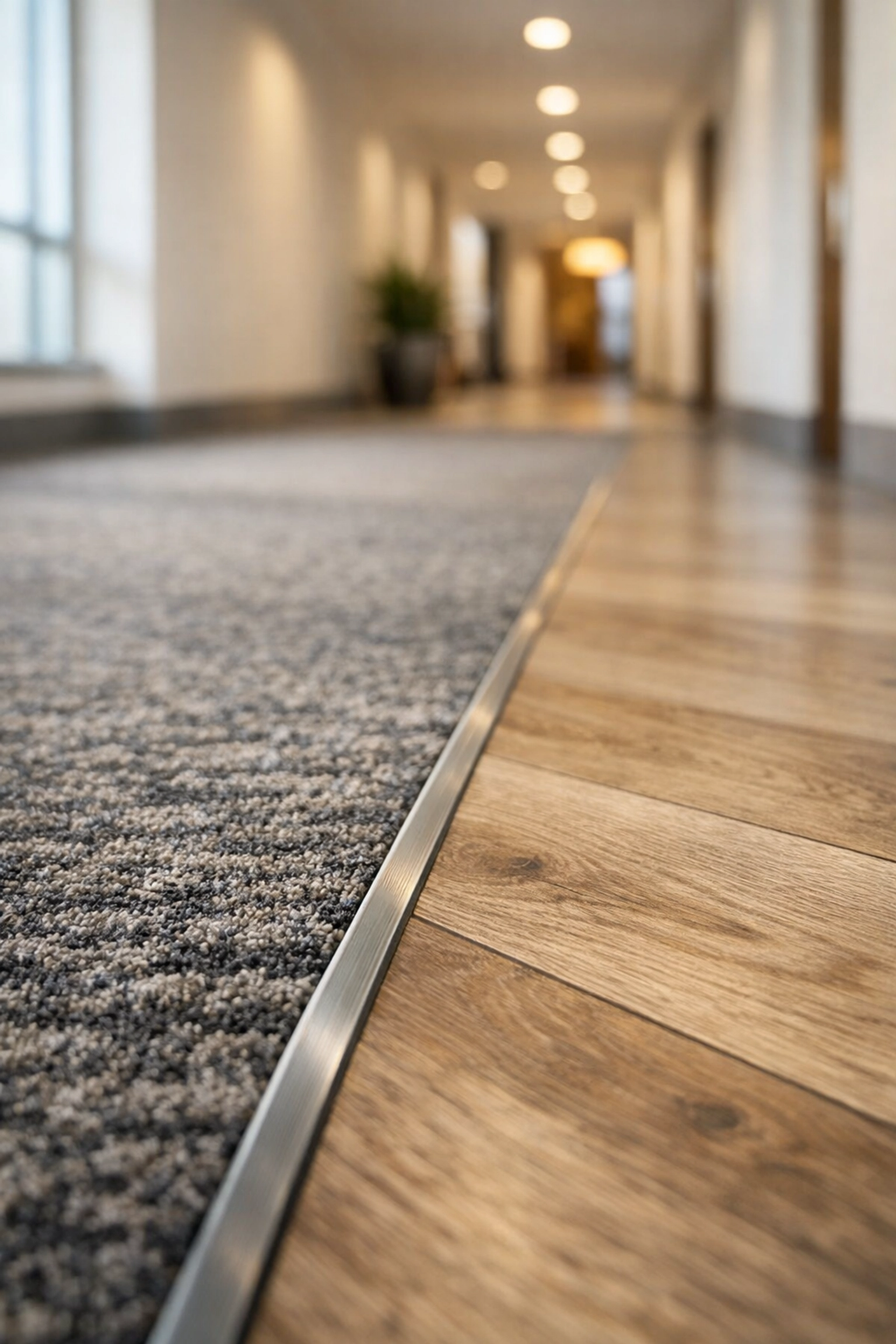 Modern condo corridor with durable luxury vinyl and carpet to reduce long-term maintenance costs.