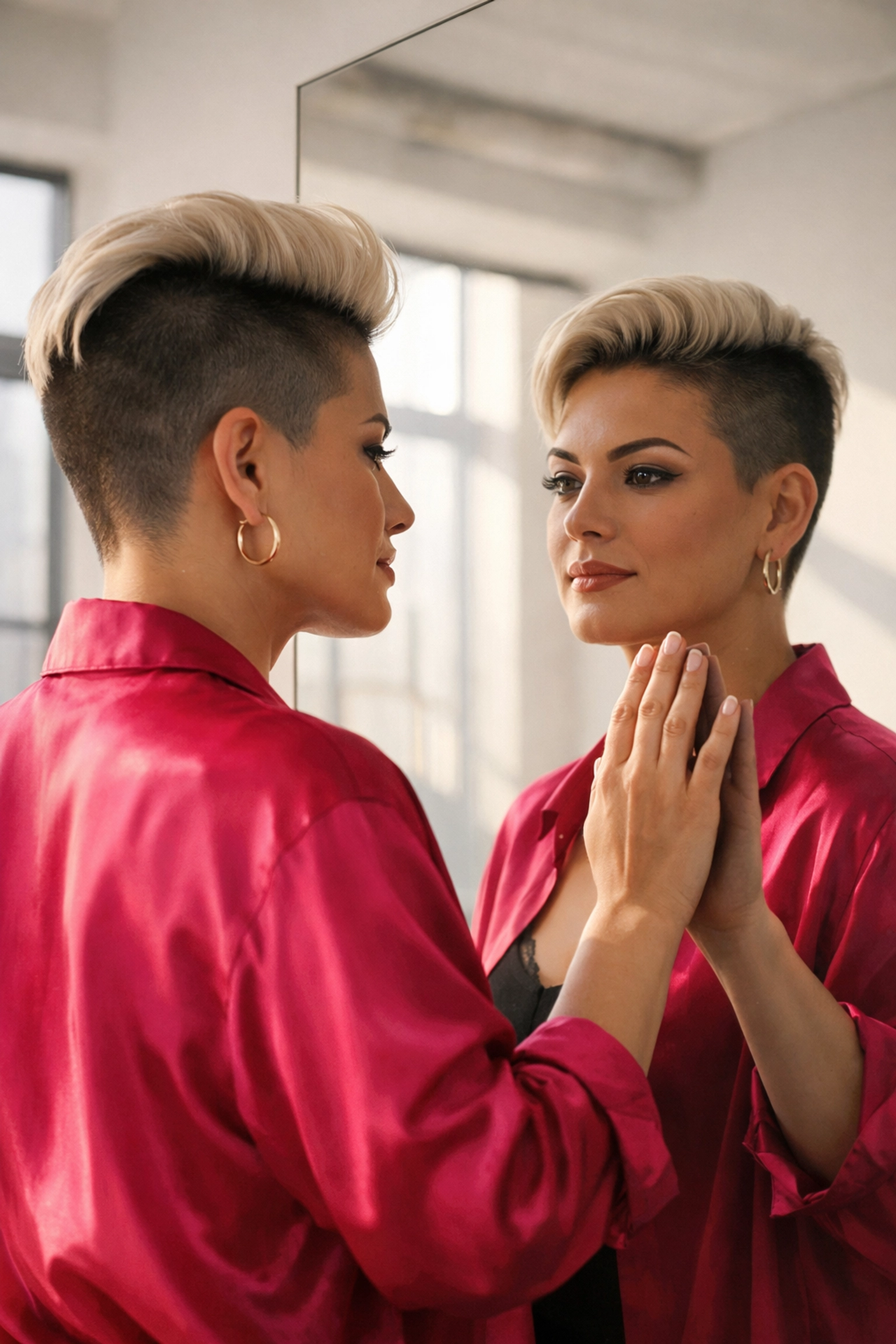 A queer woman looking in a mirror with pride, illustrating the internal milestone of self-acceptance.