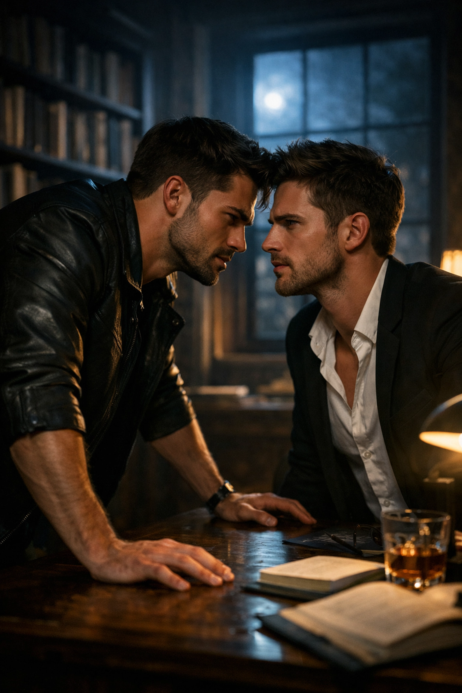 Intense standoff between two men in a library, illustrating the burning tension in enemies to lovers MM romance.