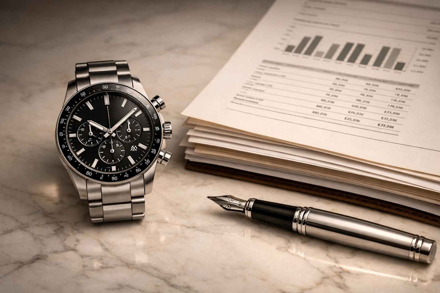 Luxury watch and organized financial reports representing precision and cash flow clarity in bookkeeping.