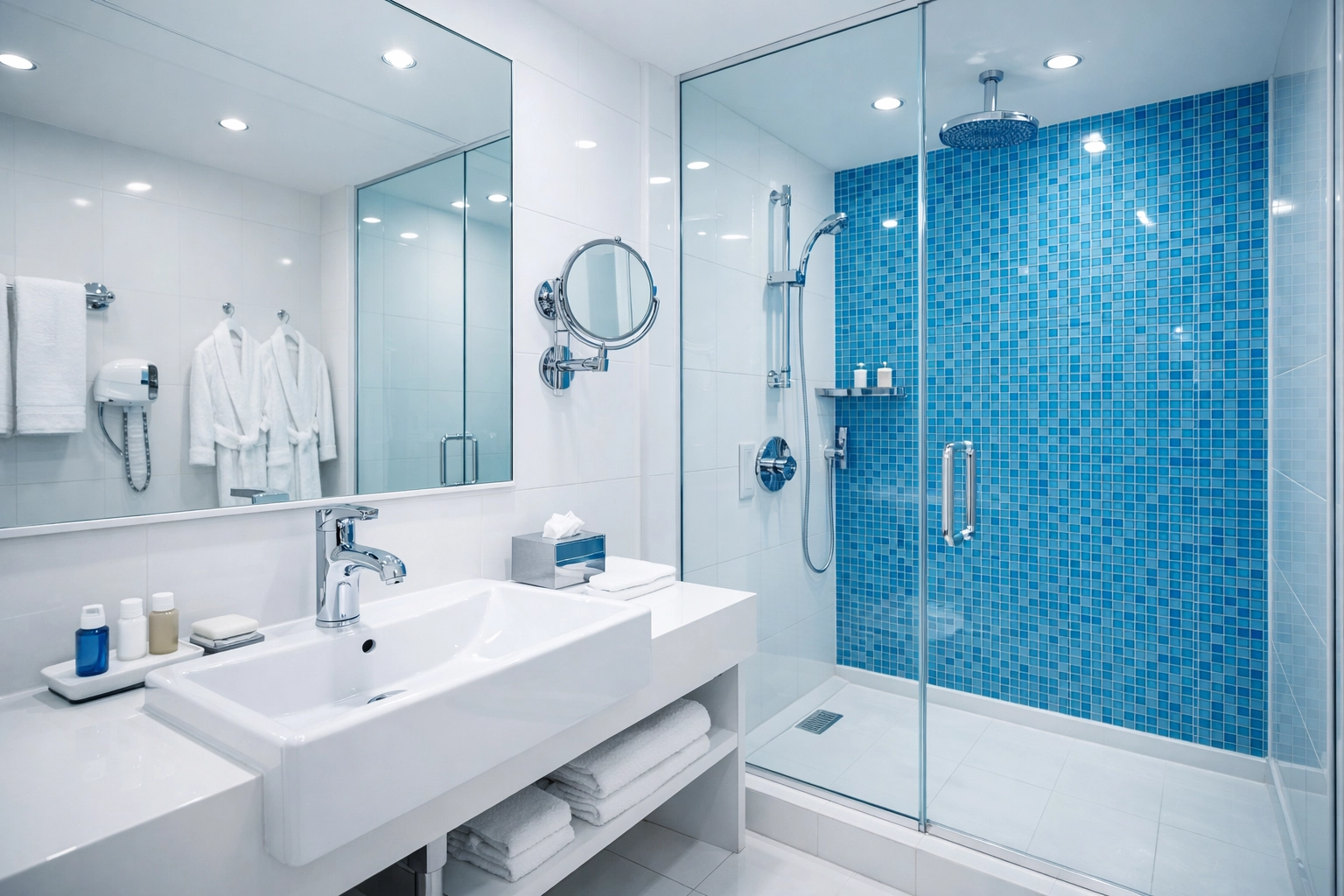 Spotless luxury hotel bathroom with streak-free glass following professional deep cleaning services.