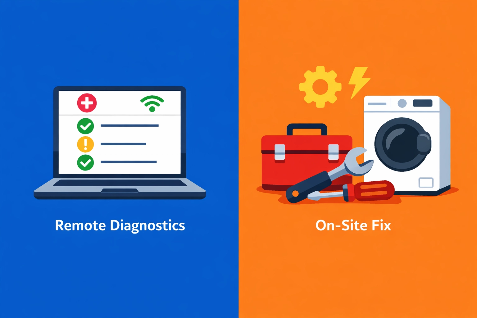 Split view of remote diagnostics on a laptop vs on-site appliance repair with tools (flat illustration).