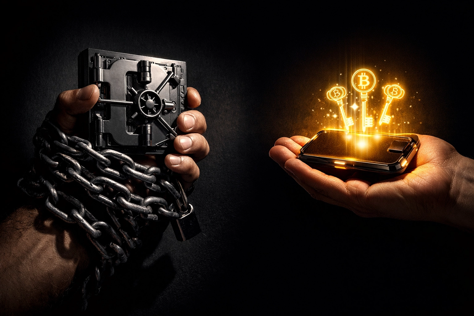 Self-custody crypto wallet versus traditional banking illustrating financial control