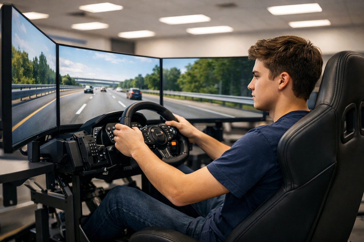 High school student using a professional driving simulator inside a Dakdan esports pod for educational growth.