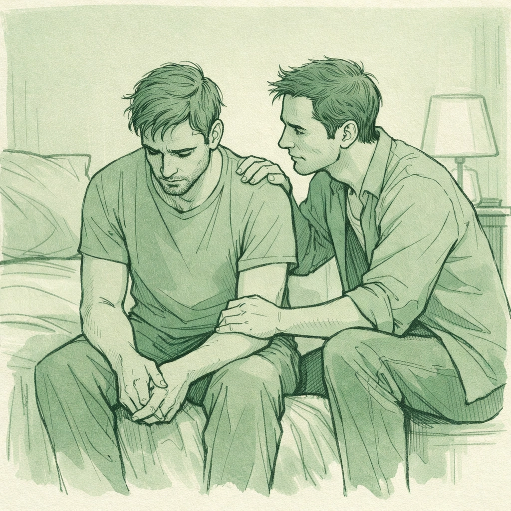Hurt comfort trope in MM romance - tender moment showing emotional intimacy between men