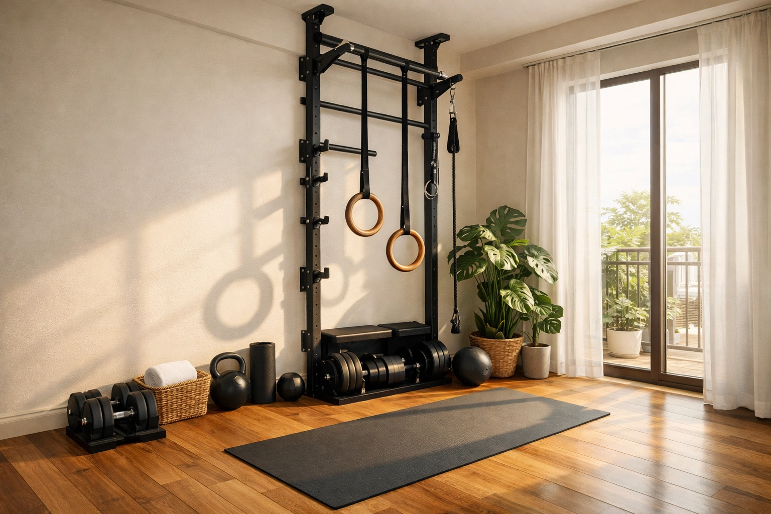 Minimalist home gym setup with floor-to-ceiling system and rings for full body workouts