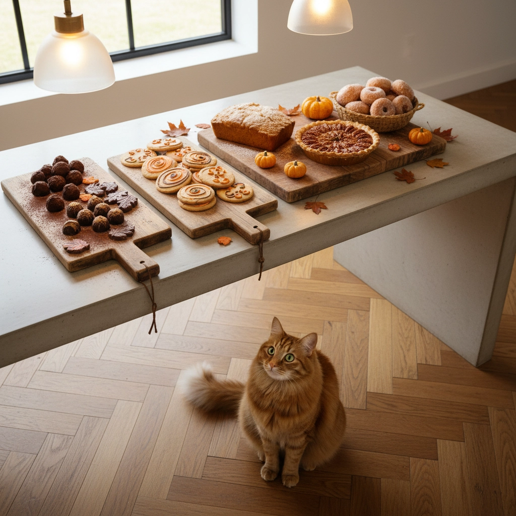 Are You Making These 5 Common Fall Pet Safety Mistakes? (Toxic Mushrooms, Temperature Drops & More) Kitchen counter with autumn treats including chocolate candy and spiced baked goods, with a curious tabby cat safely kept away from the potentially toxic foods in a Mooresville home
