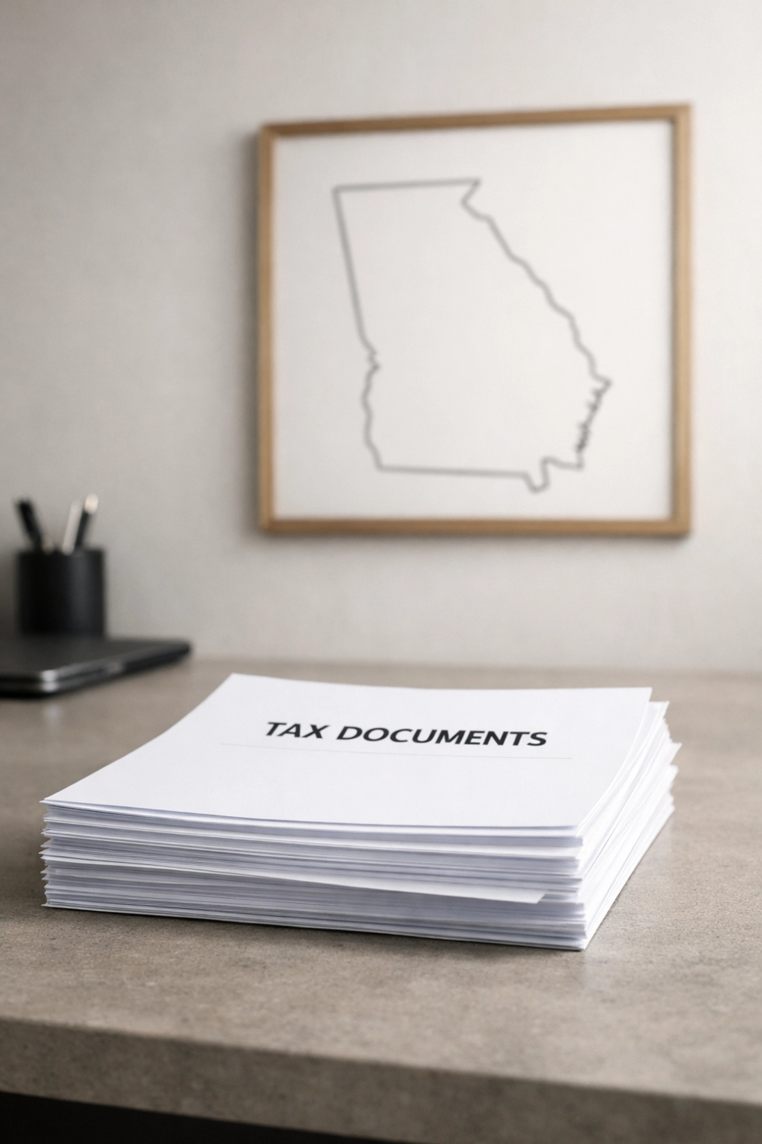 Organized tax documents with Georgia map highlighting Georgia tax compliance for ERO onboarding