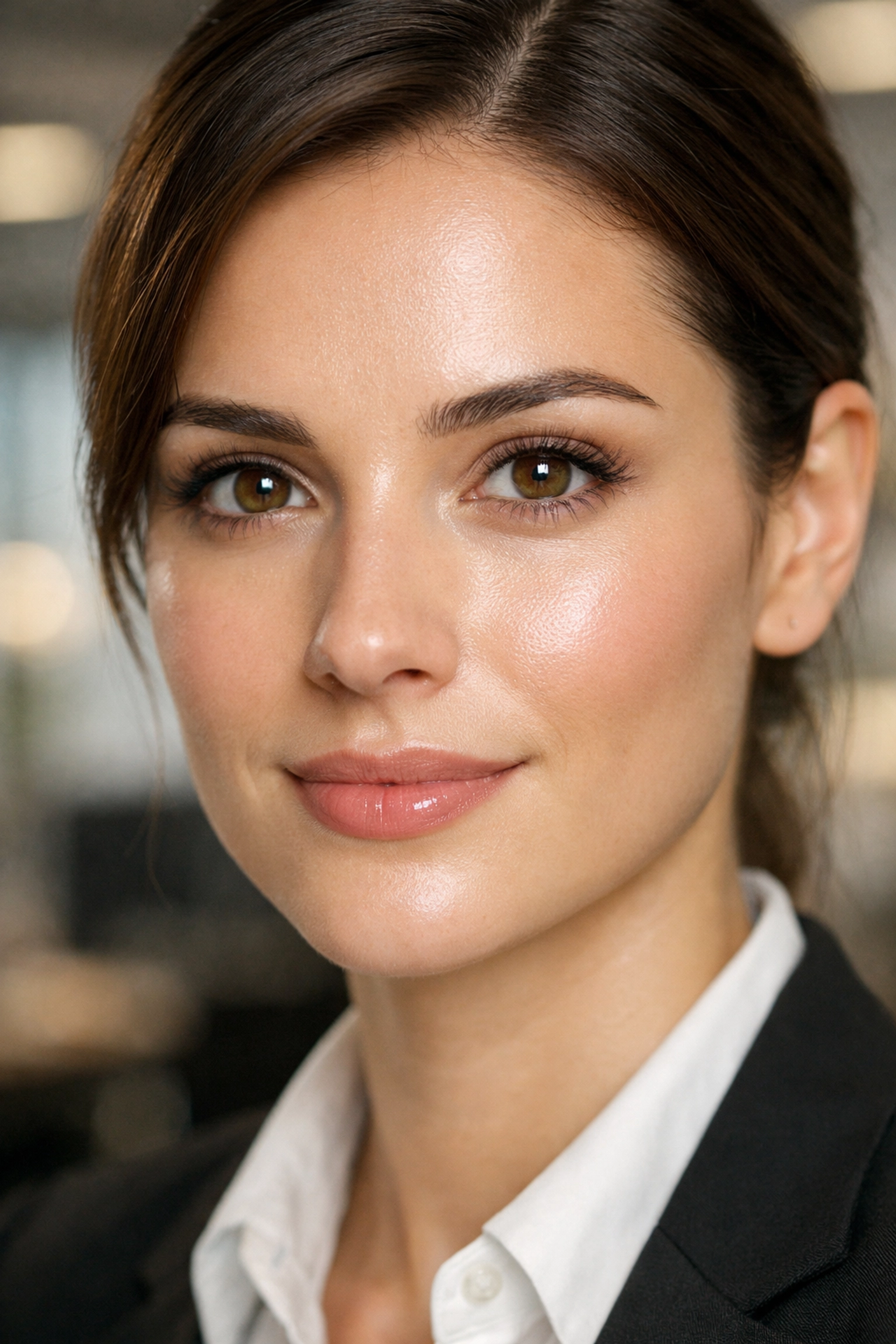 Close-up of a professional with healthy skin showing how to prepare for a headshot session with skincare.