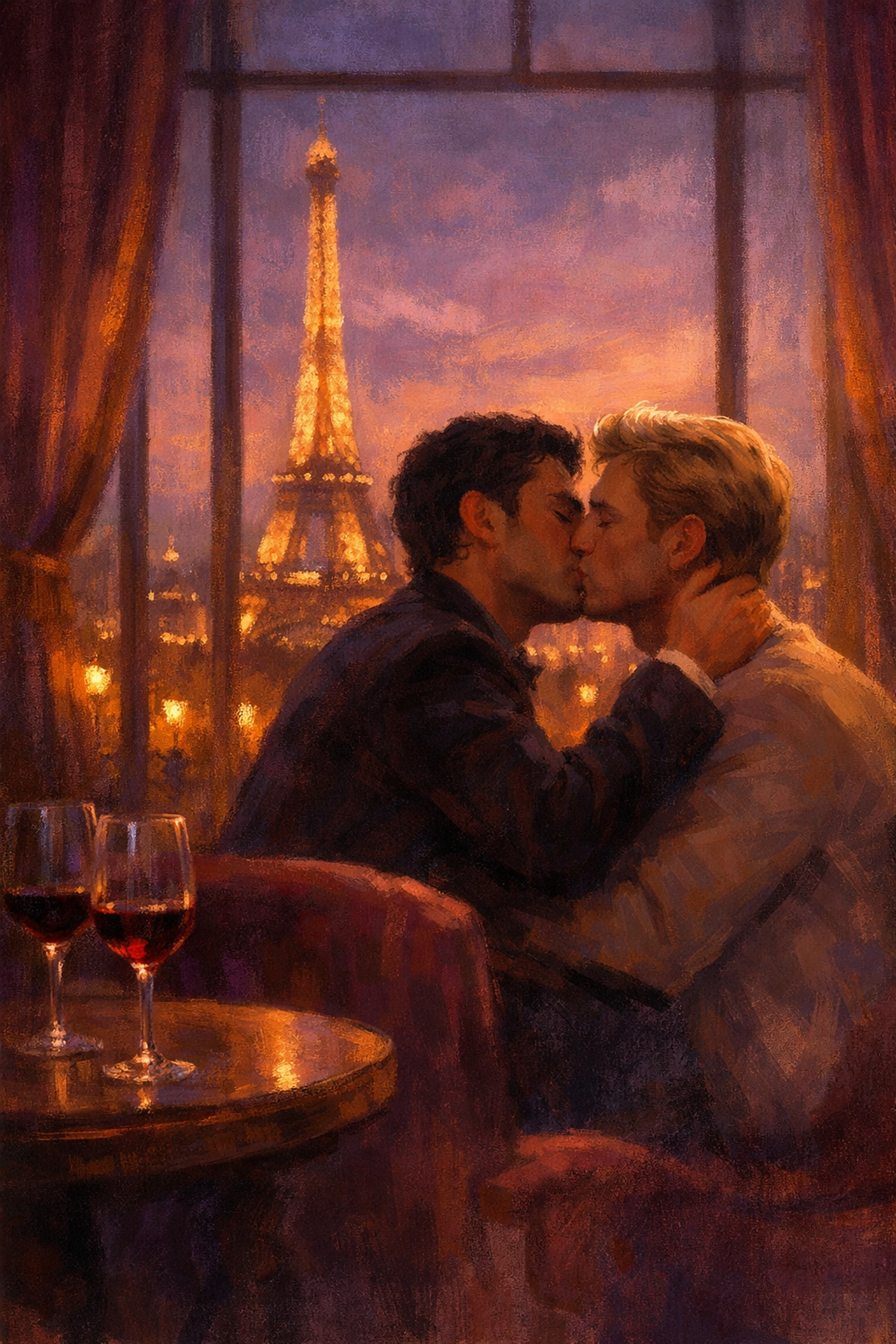 Gay romance rivals Julian and Xavier kiss in Paris after auction in MM romance enemies-to-lovers story