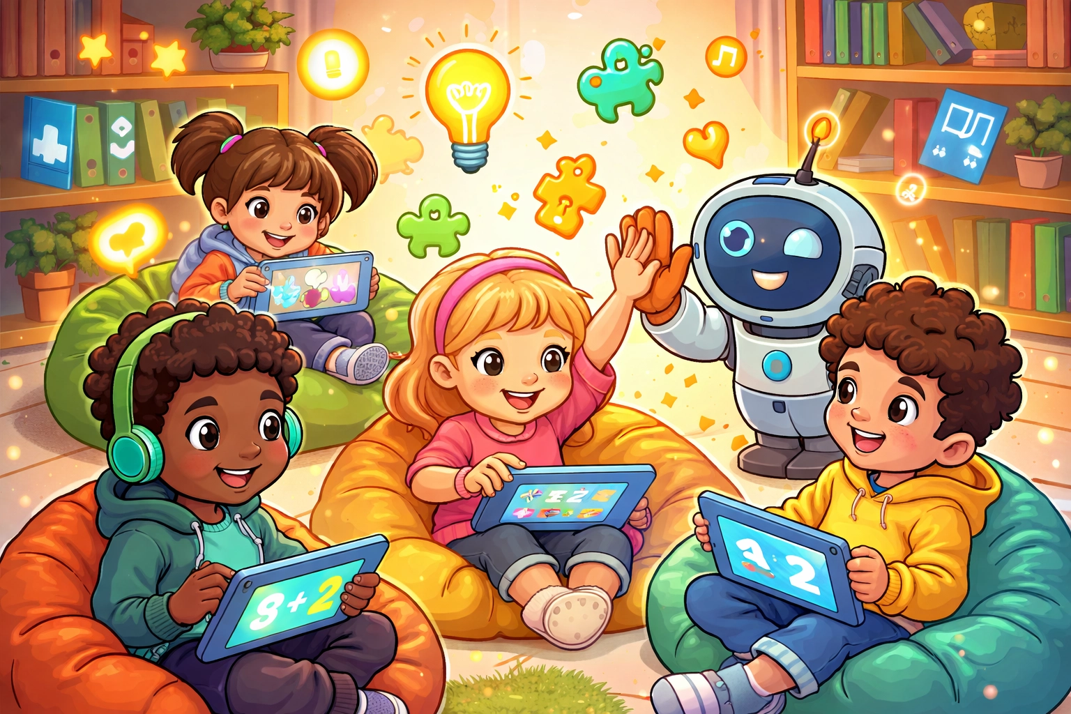 Children using tablets and a friendly robot in an inclusive learning space supporting neurodiverse education