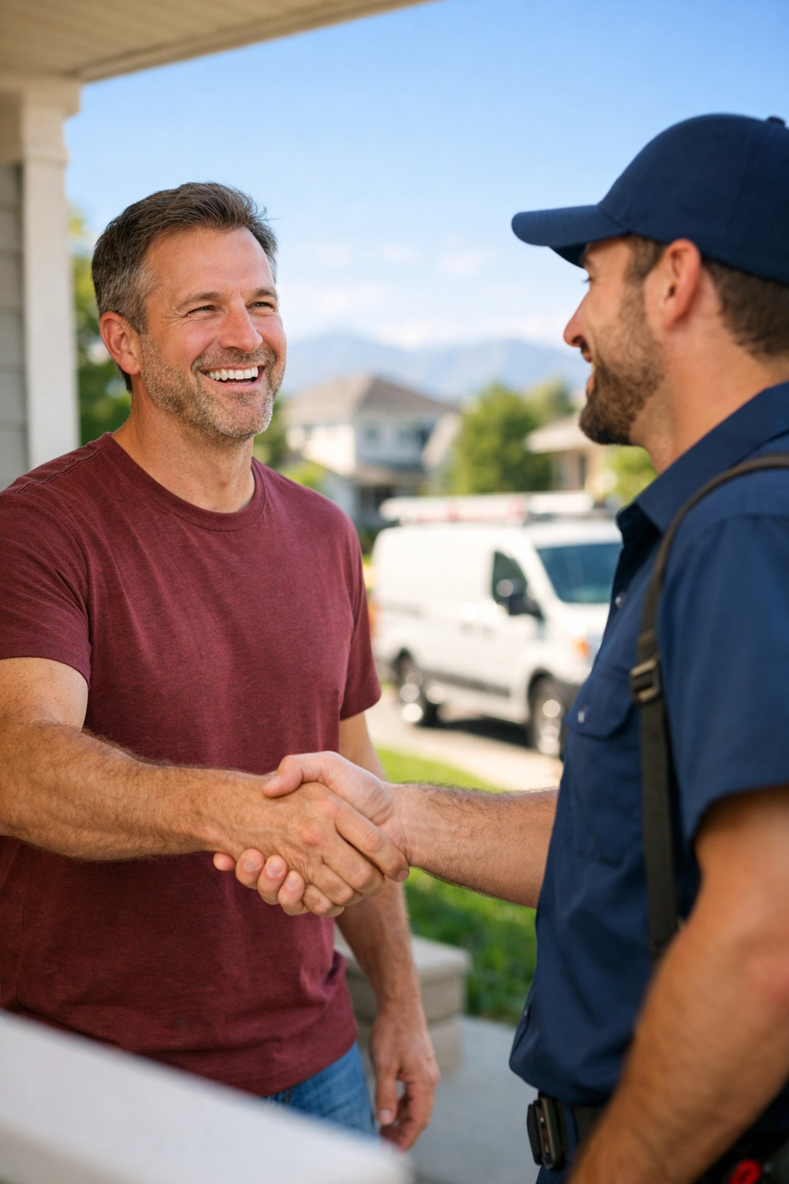 Satisfied Commerce City homeowner shaking hands with a technician after saving on sewer repair costs.