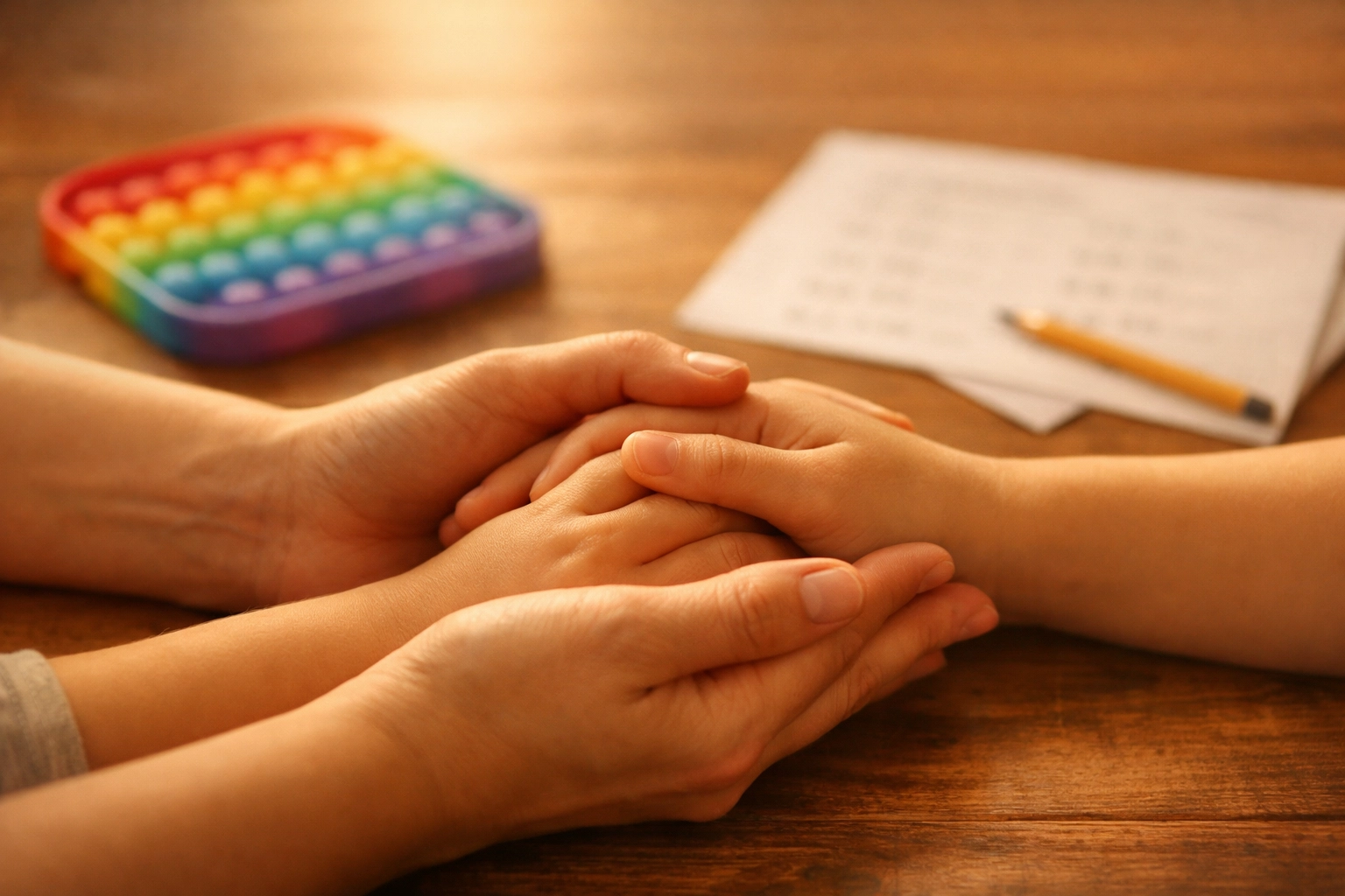 Parent and child hands together during homework with fidget toy showing low demand parenting support