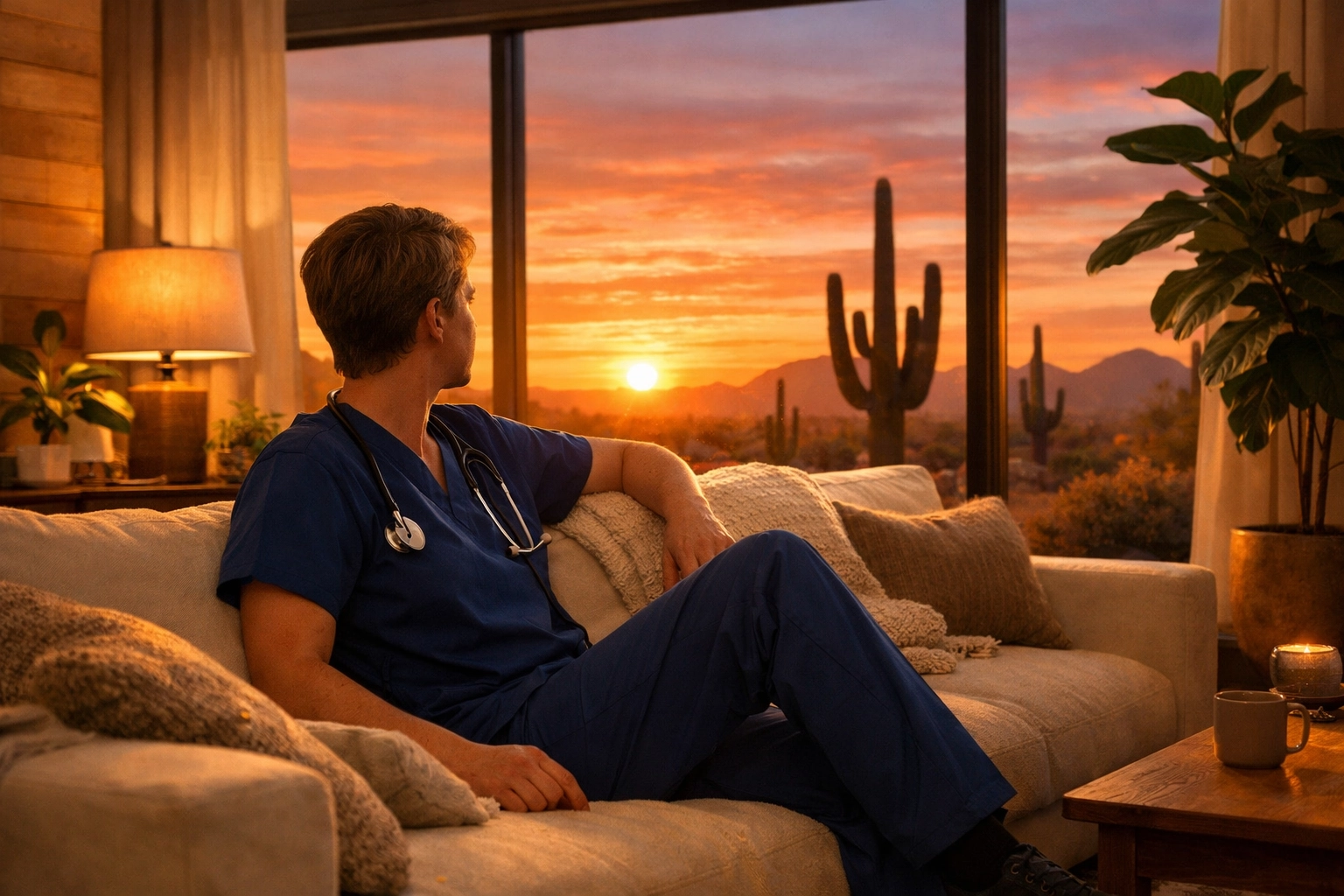 Hospice nurse relaxing in a Phoenix home sanctuary supported by Rewarding Heroes perks.
