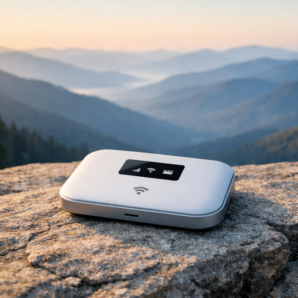 Portable wifi hotspot resting on a mountain rock, providing reliable travel wifi for off-grid adventures.