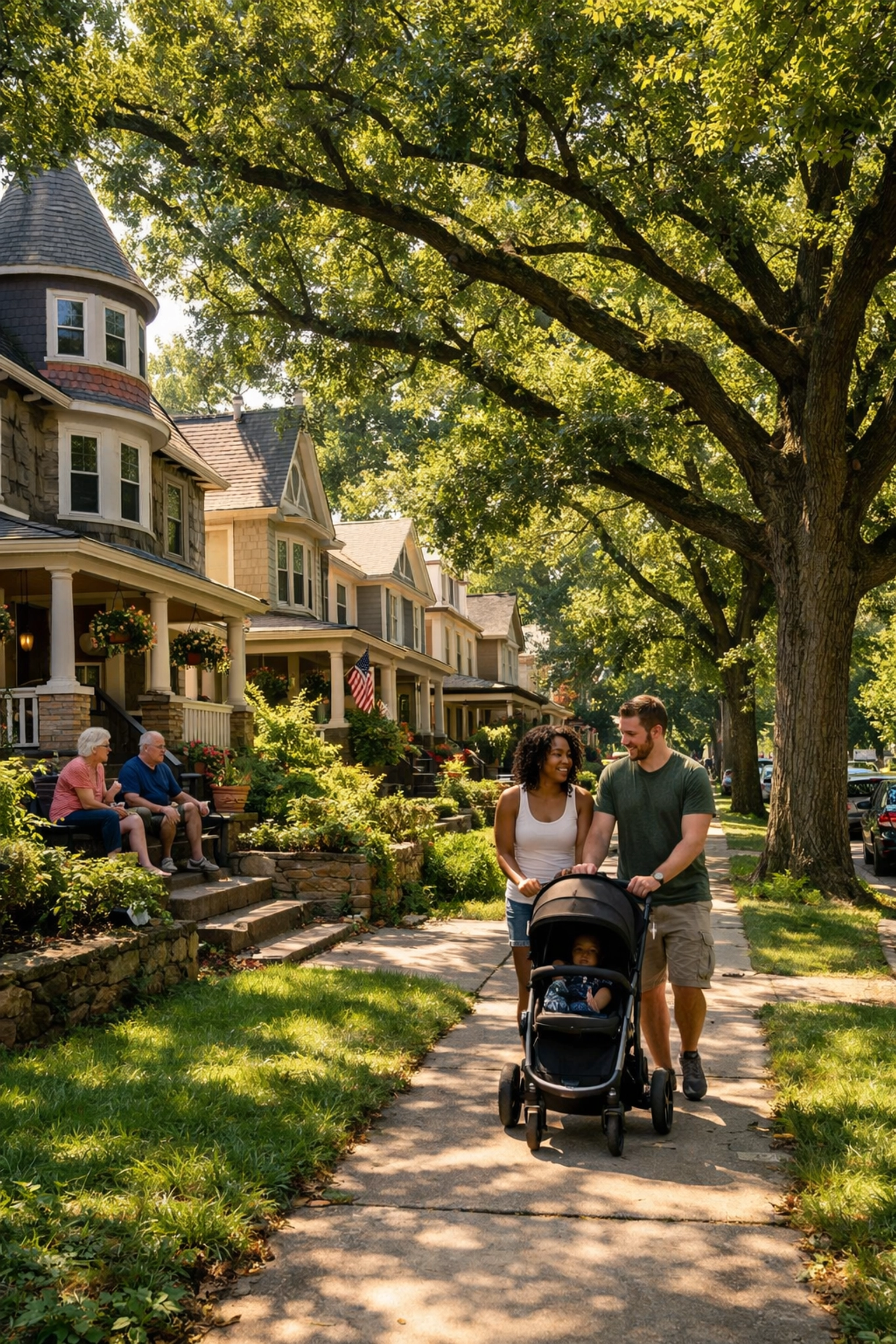 Tree-lined street in Mt. Airy Philadelphia with family walking past Victorian homes
