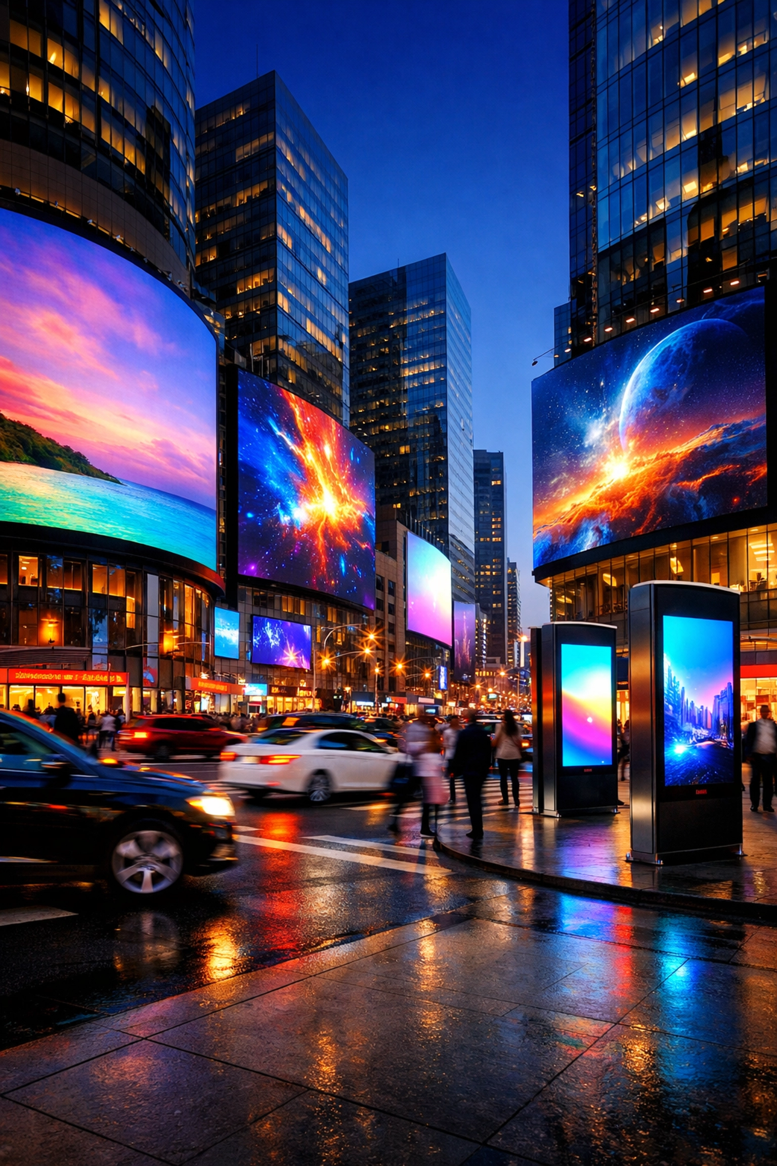 Vibrant city square with digital media displays illustrating a strategic advertising mix for global brand visibility.