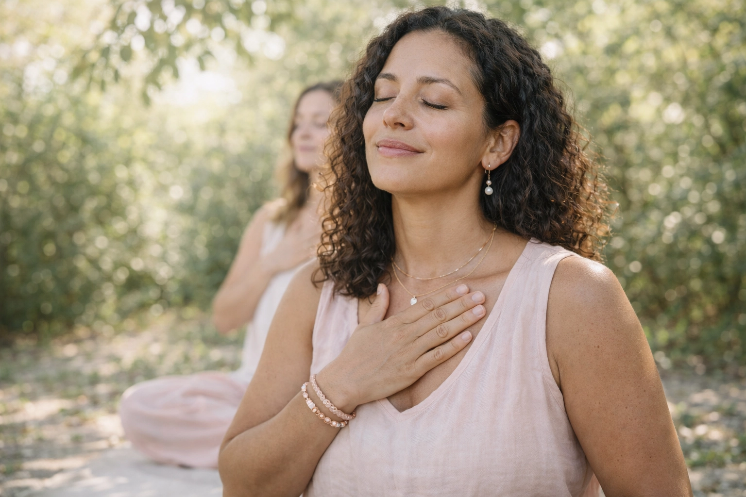 A woman practicing nervous system regulation and inner alignment in a peaceful outdoor setting.