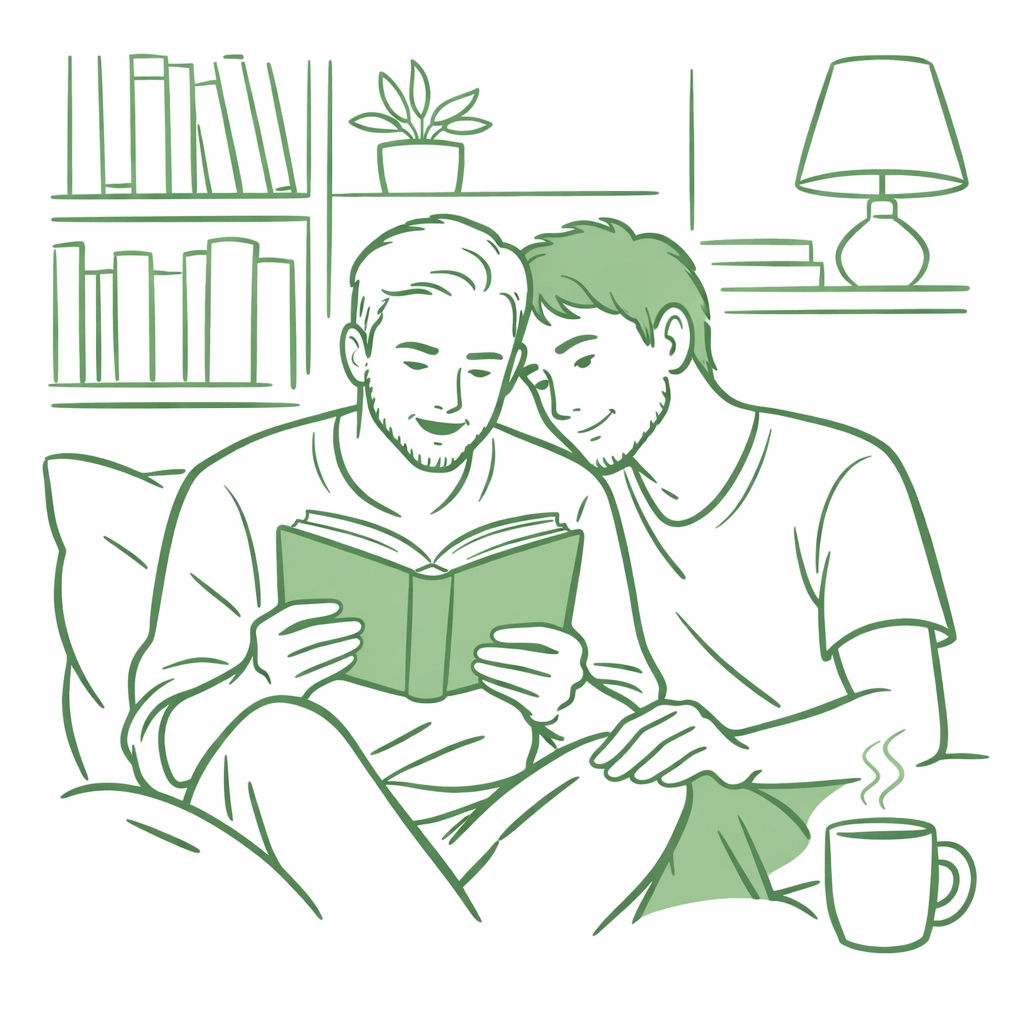 Two men reading together in a book nook, LGBTQ+ fiction comfort and healing