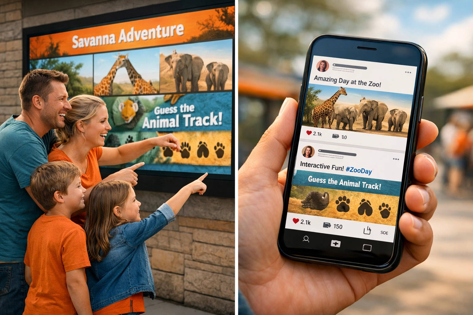 Family viewing digital billboard at zoo exhibit with social media sharing engagement