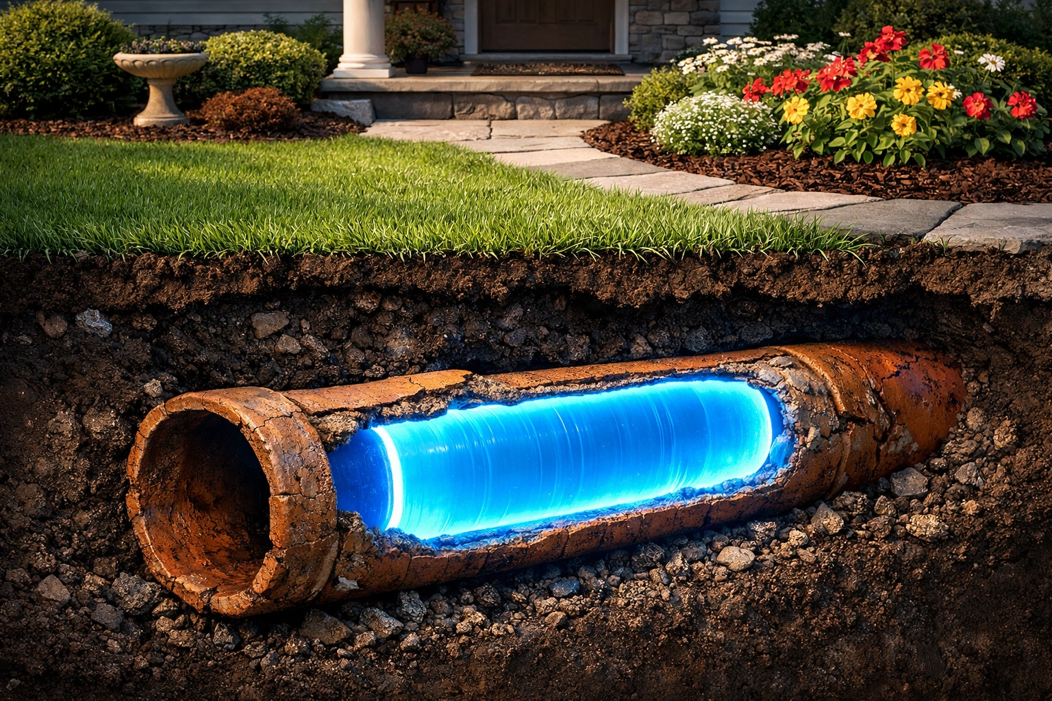 Trenchless sewer pipe lining demonstration showing a resin liner inside an underground clay pipe.