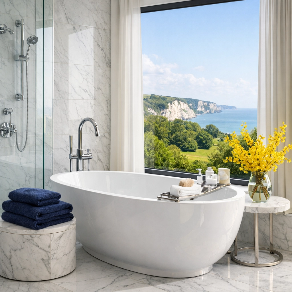 Pristine luxury bathroom in Dover featuring polished chrome fixtures and detailed marble surfaces.