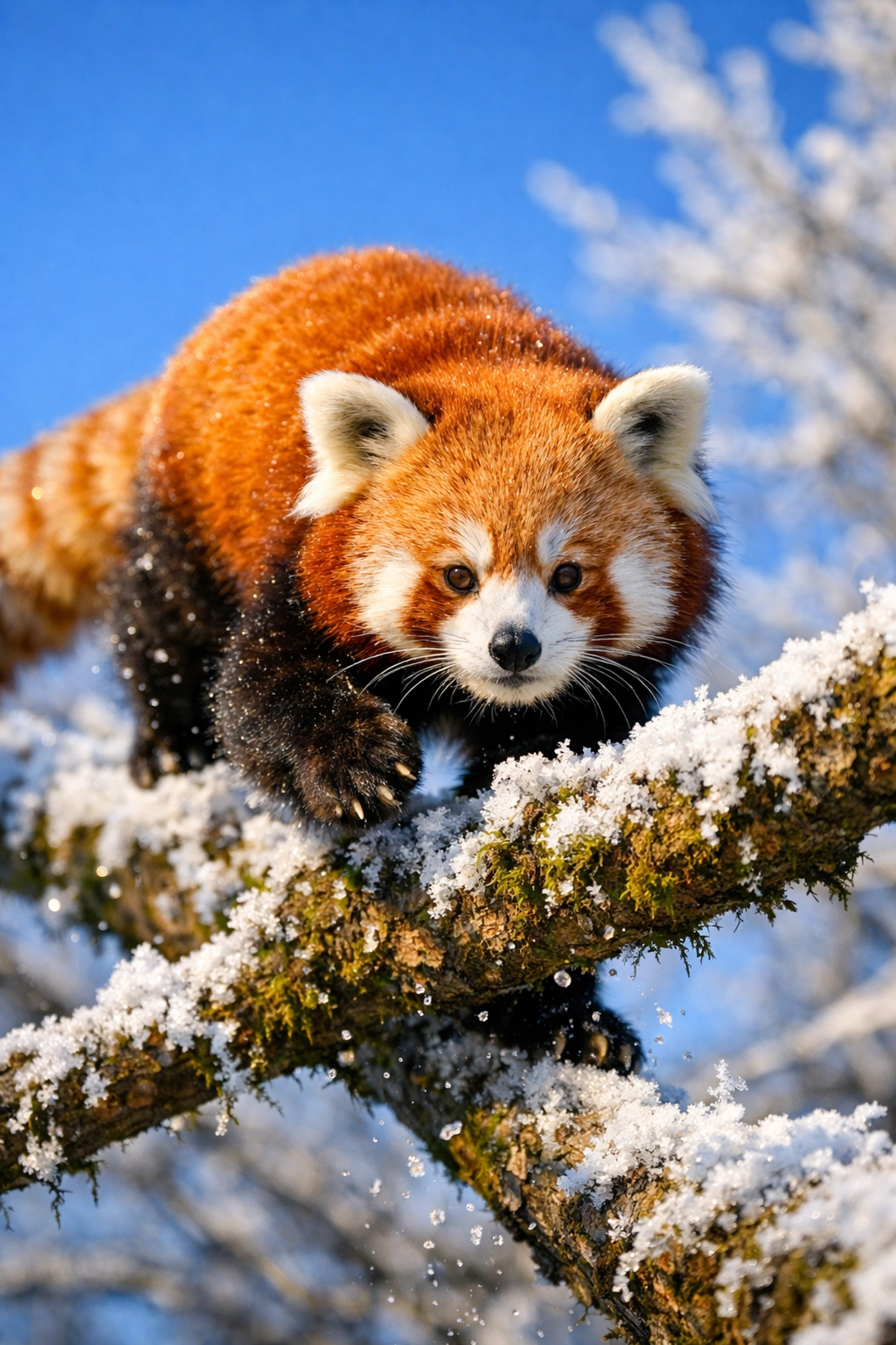 A red panda on a frosty branch representing seasonal winter marketing themes for zoo engagement.