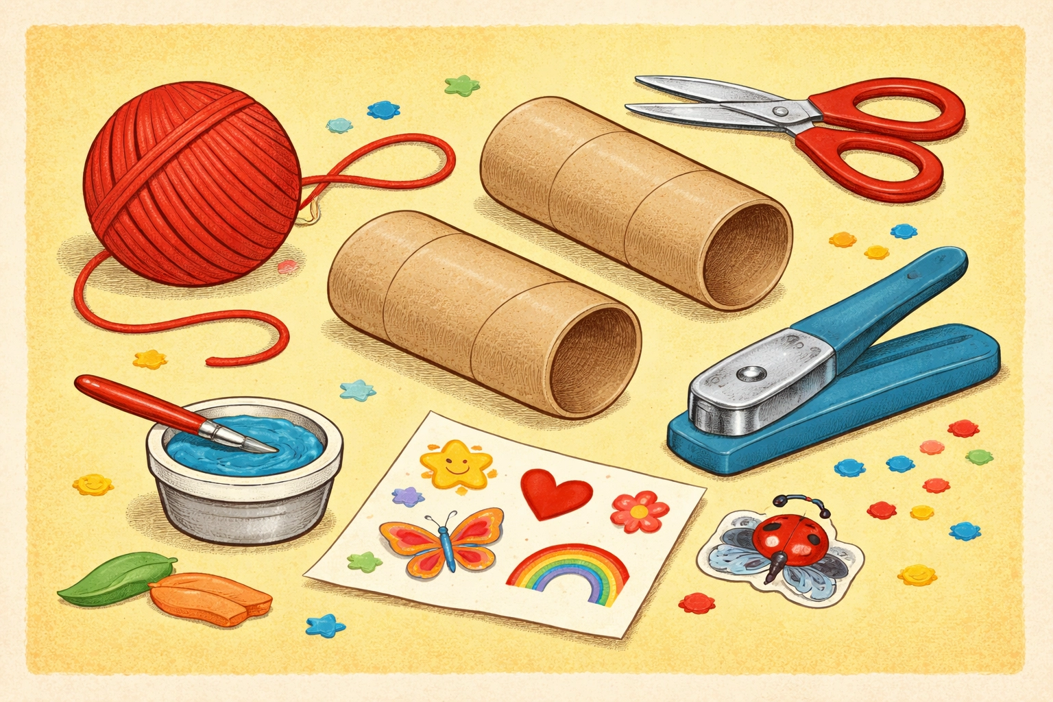 Craft supplies for making toilet paper roll binoculars, including rolls, yarn, paint, stickers, and a hole punch on a table