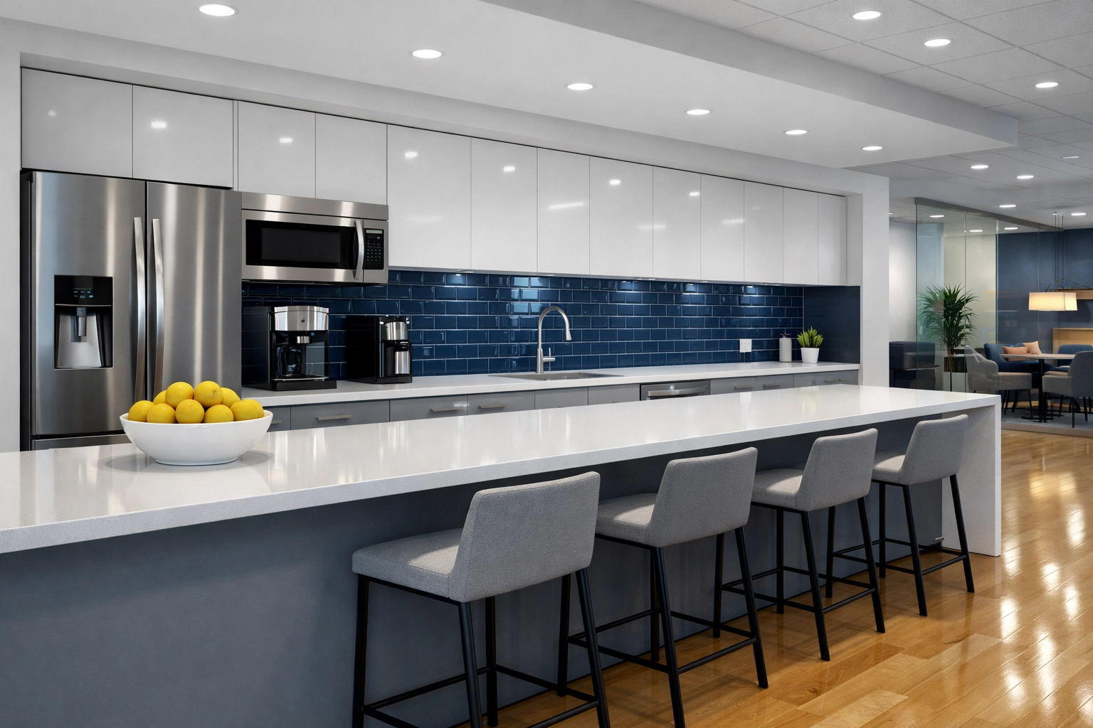 Spotless modern office breakroom cleaned by professional house cleaning services in Lowell.