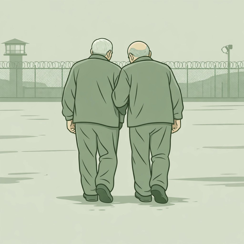 Elderly gay couple walking in prison yard together after lifetime of commitment