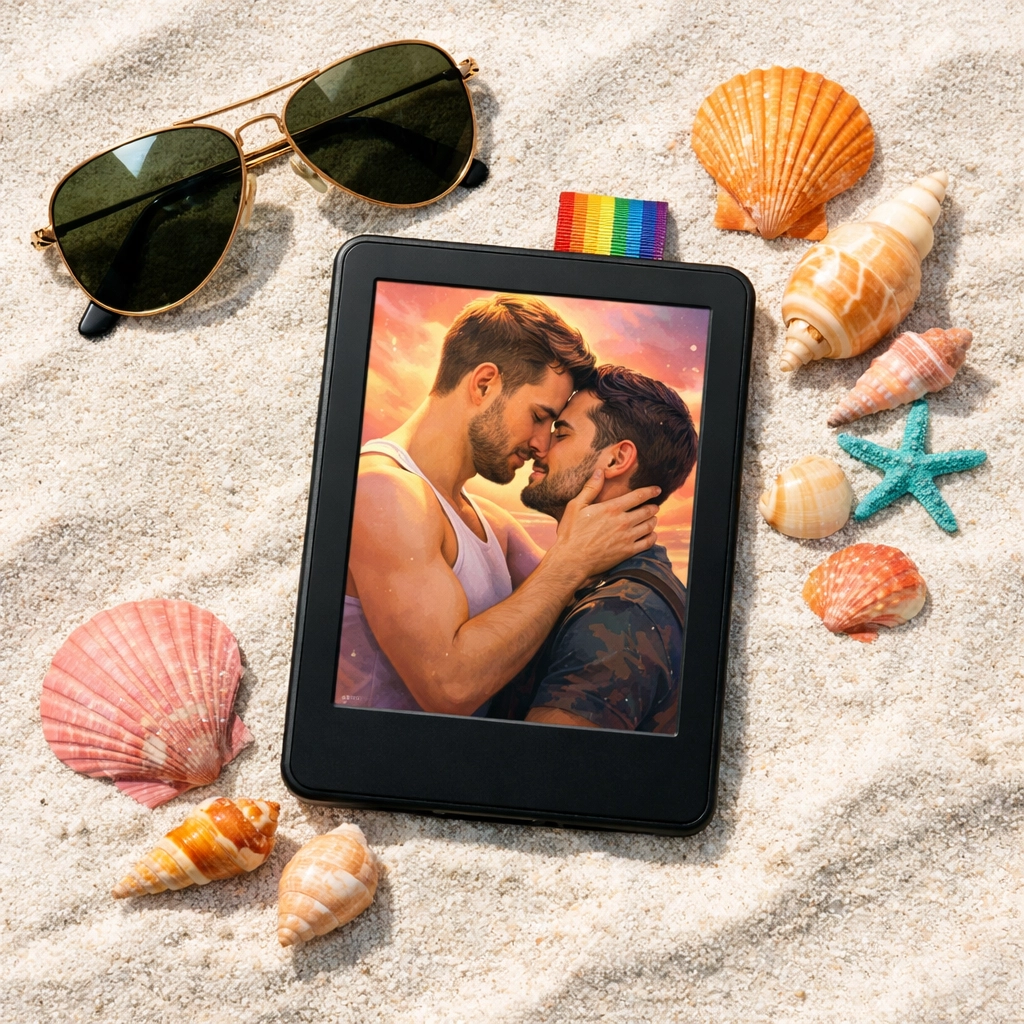 An e-reader featuring an MM romance story on a sunny beach, highlighting popular LGBTQ+ fiction for 2026.