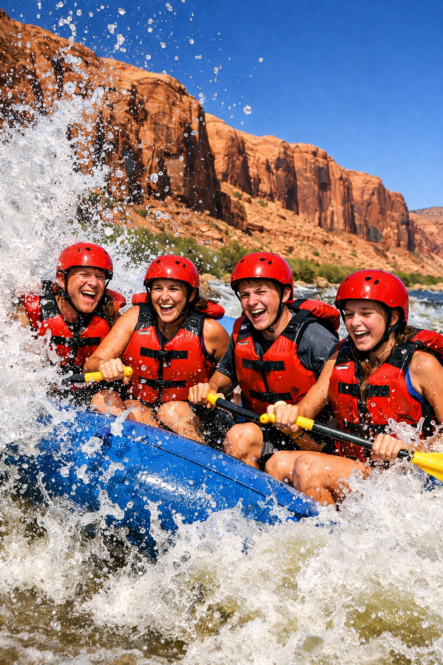 Family white-water rafting on the Colorado River in Moab, Utah, a top activity for adventure family travel.