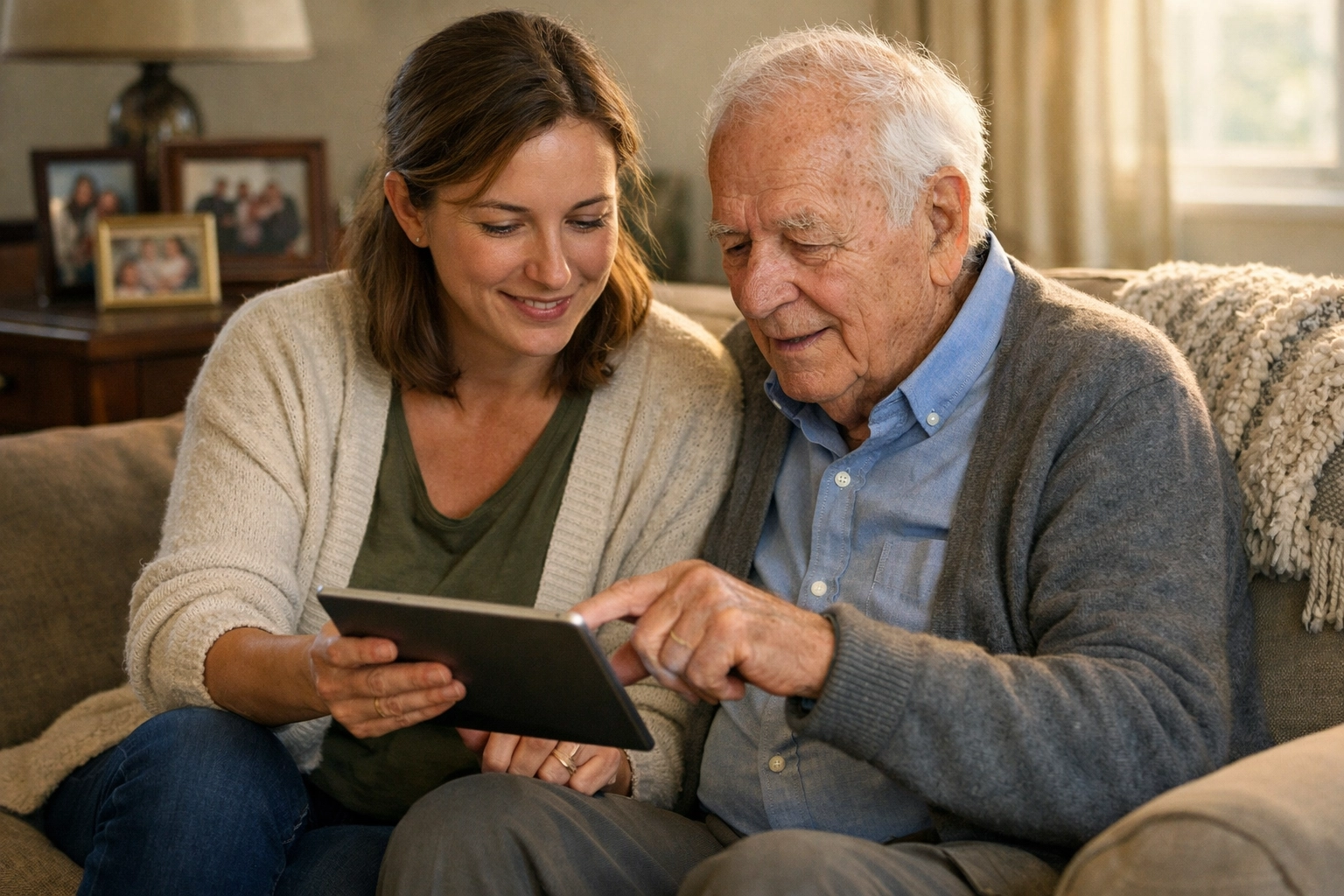 Adult daughter discussing care options with elderly father on living room sofa