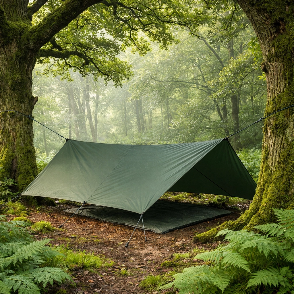 Minimalist green tarp shelter setup in a British forest for a wild camping adventure UK.
