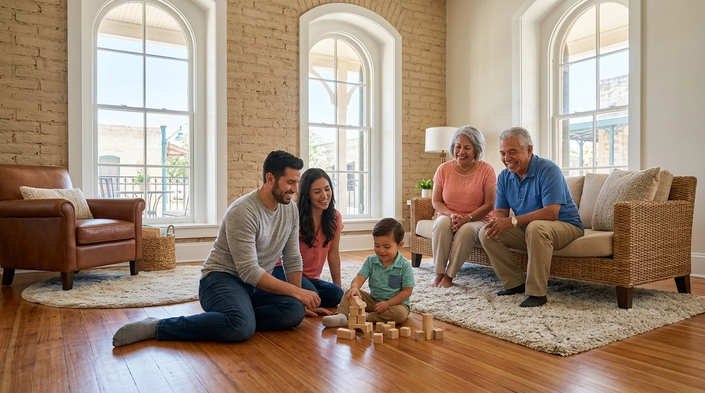 A happy family in a safe, renovated San Antonio home with clean floors and bright windows.