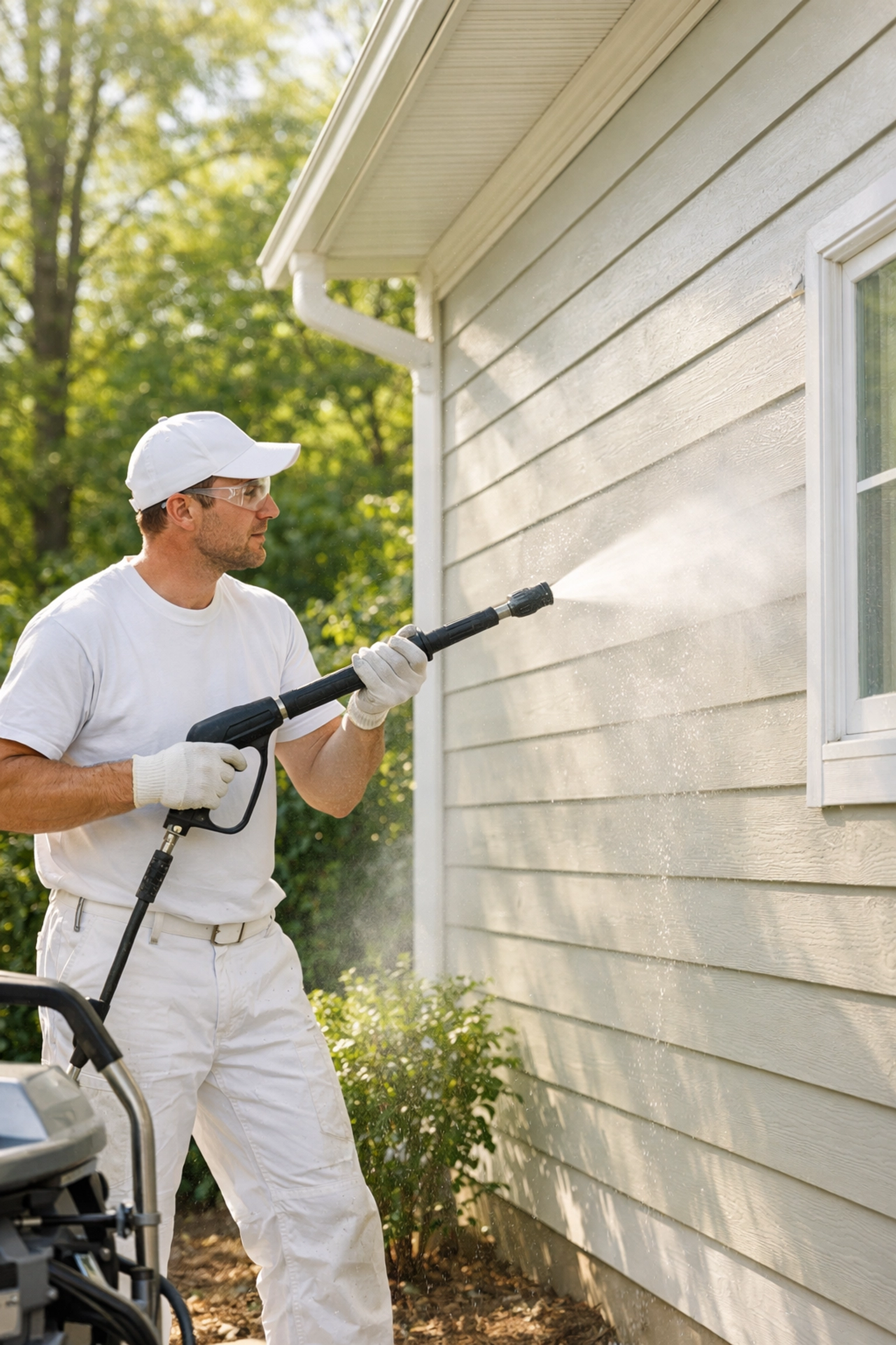 Professional painter pressure washing home exterior for proper prep work in Atlanta
