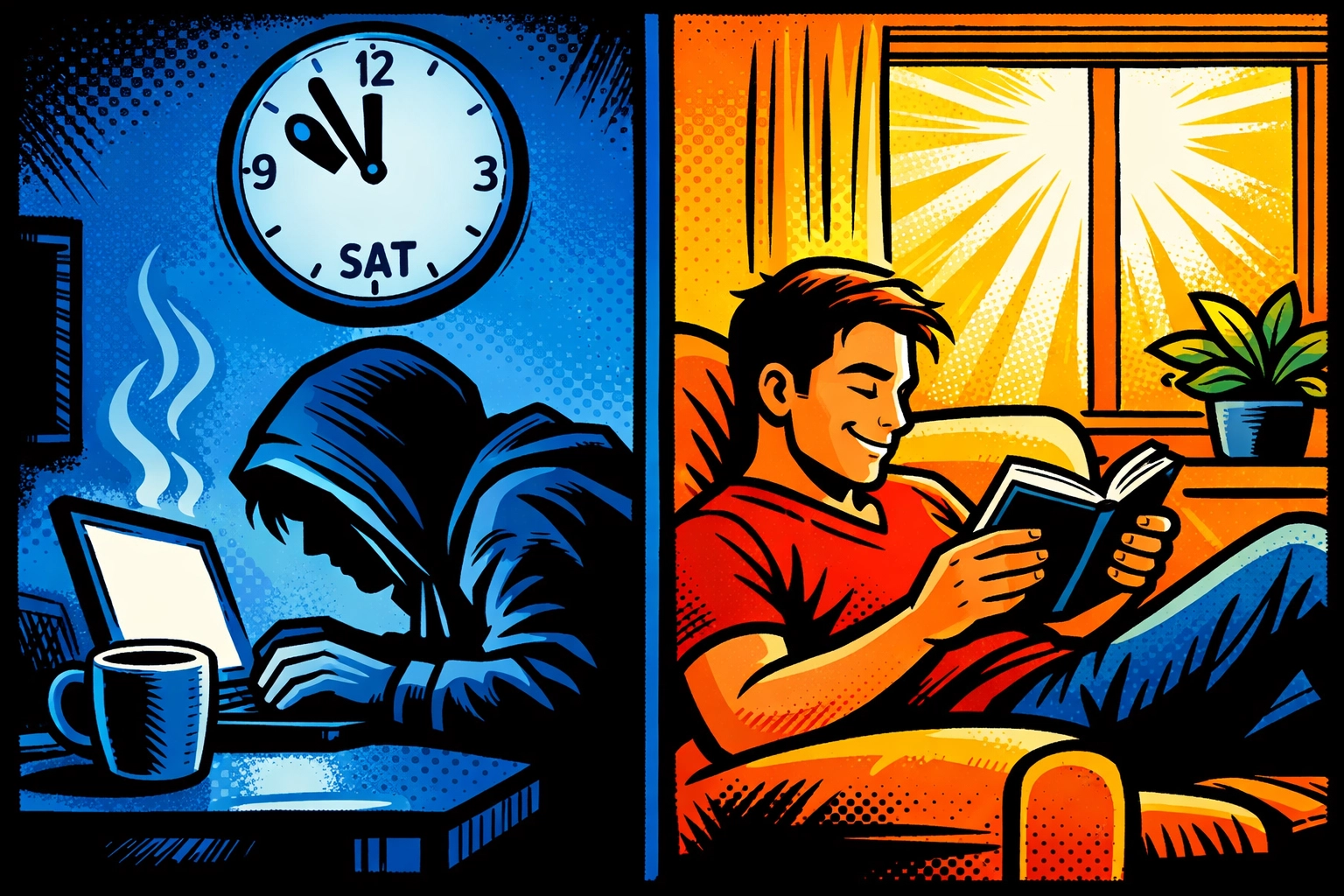 Solopreneur working on Saturday versus relaxing with AI automation and work-life balance