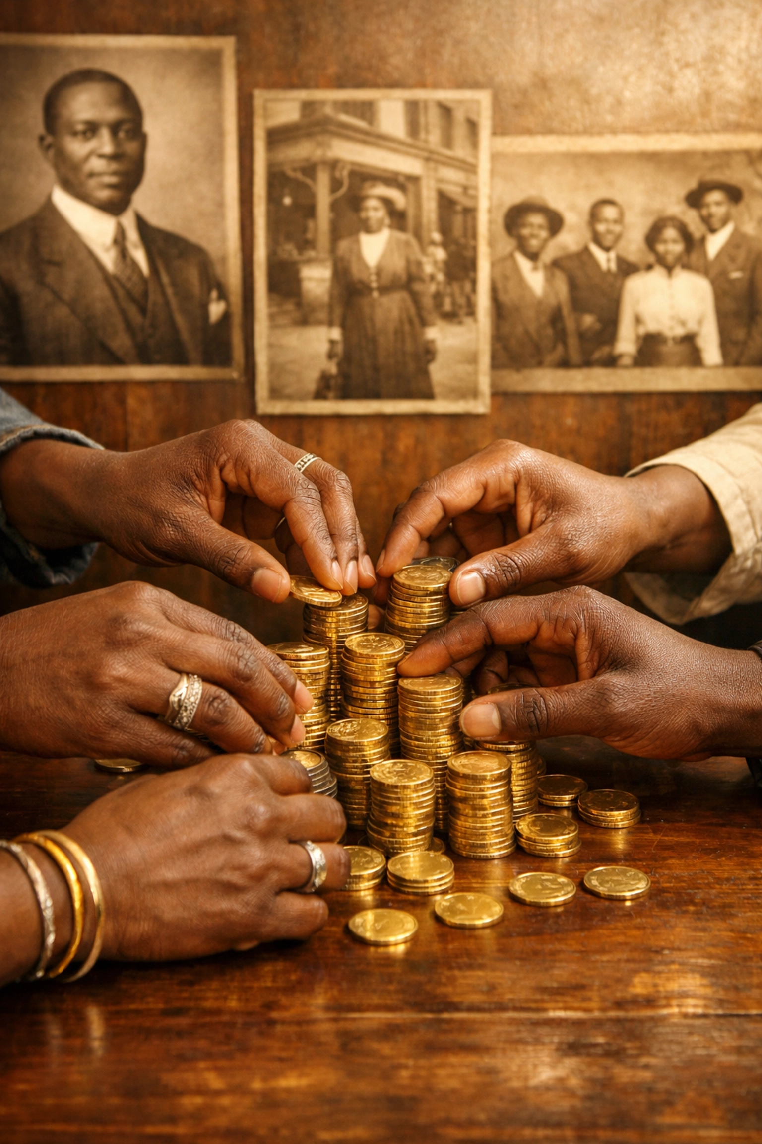 Black hands stacking gold coins together symbolizing collective Black wealth building and community prosperity