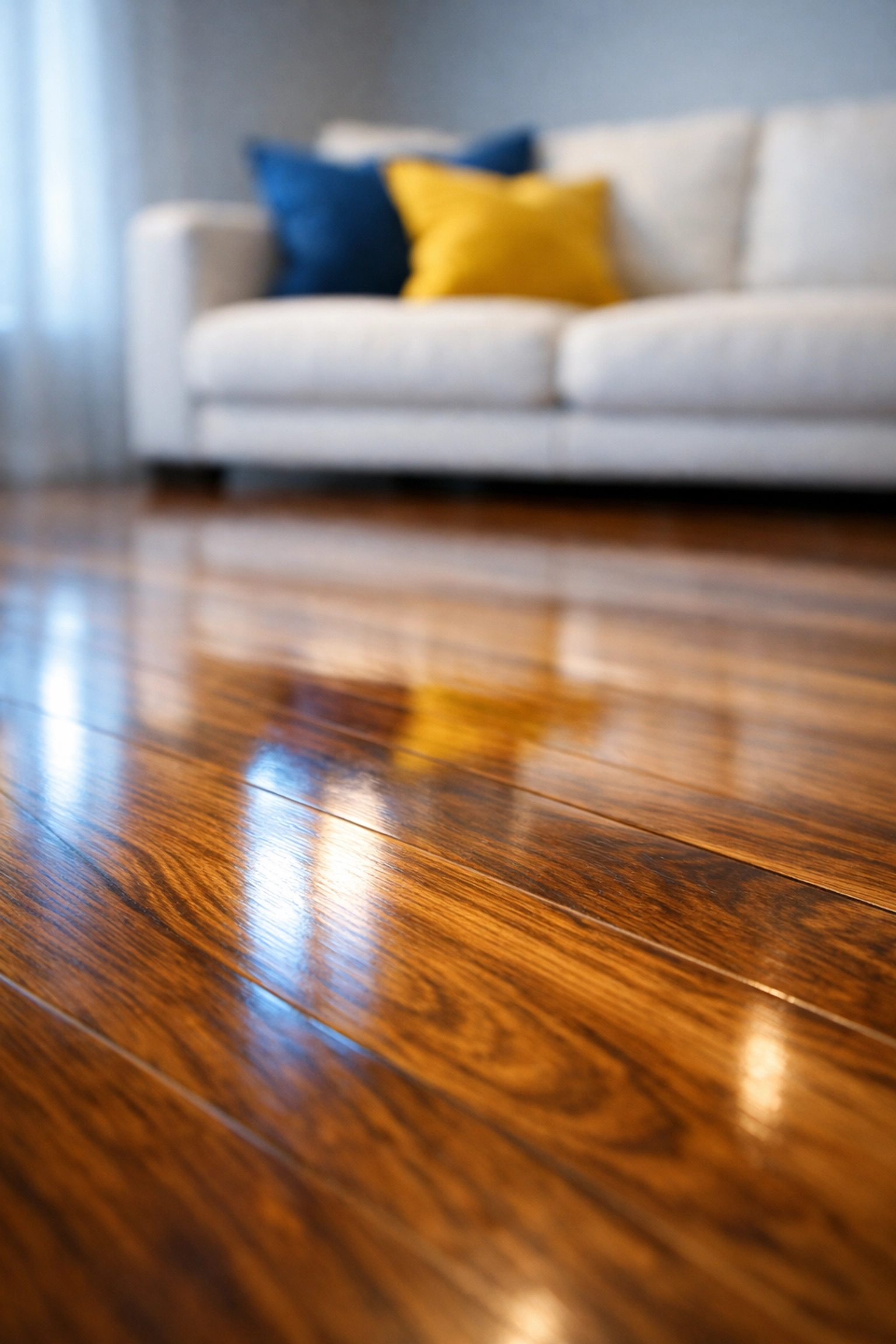 Polished hardwood floors protected from scratches through post-construction deep cleaning.