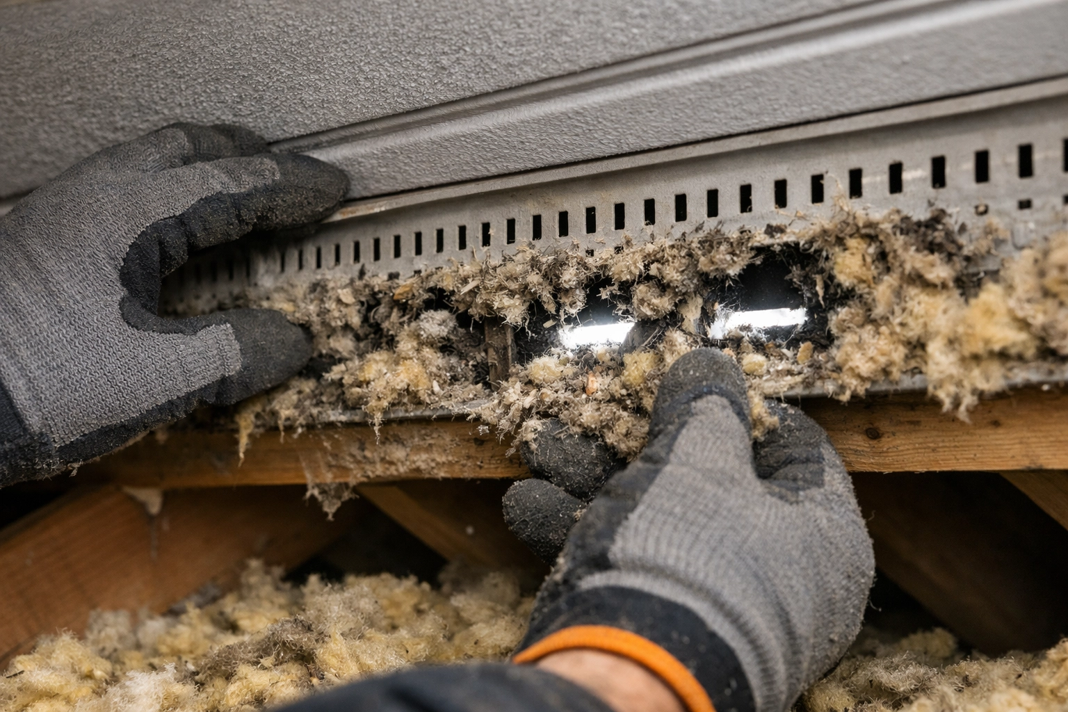 Blocked soffit vent filled with debris and insulation preventing proper loft ventilation