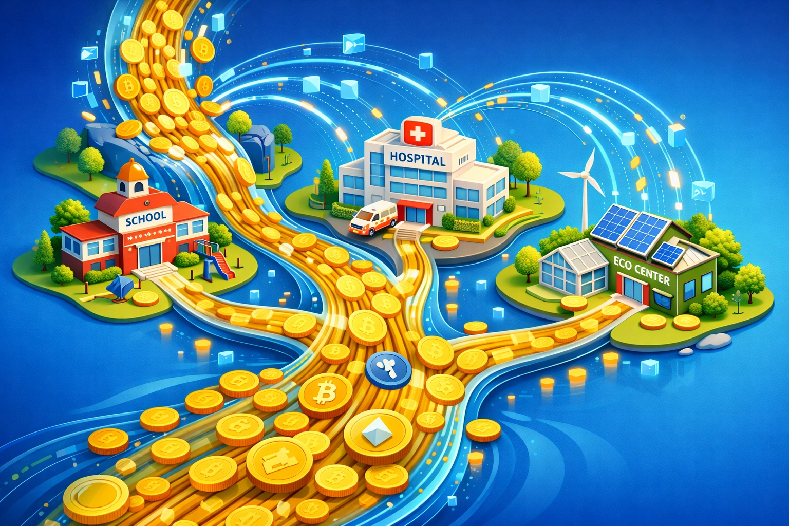 Cryptocurrency flowing from transactions to community causes including schools, hospitals, and charities