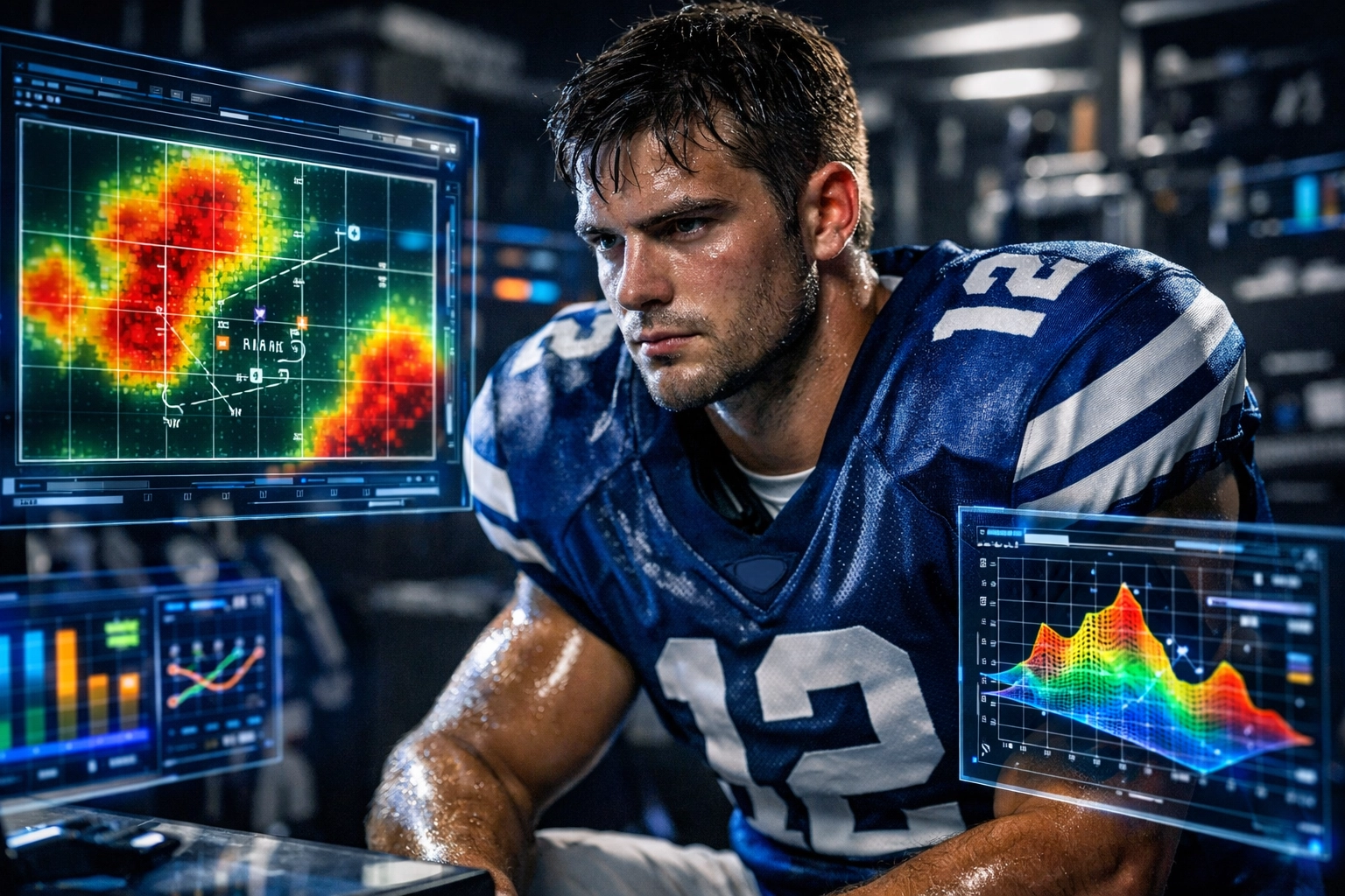 Collegiate athlete reviewing performance data on digital displays for the Sporttron NIL program.