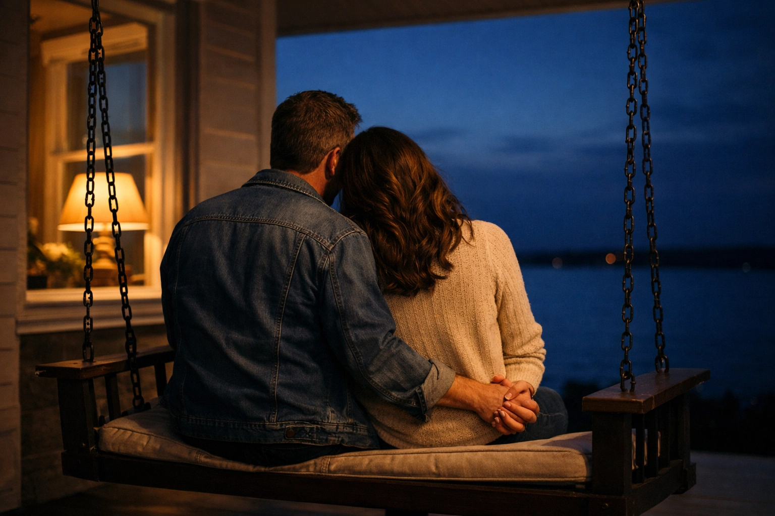 A couple on a porch swing at dusk trusting that God hasn't forsaken them despite feeling lonely with no help.