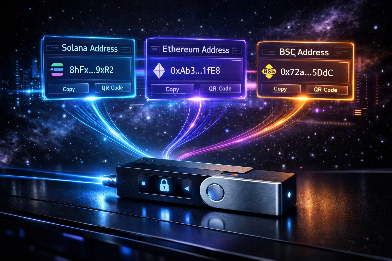 Self-custody crypto wallet with hardware device and multi-chain blockchain addresses for Web3 payments