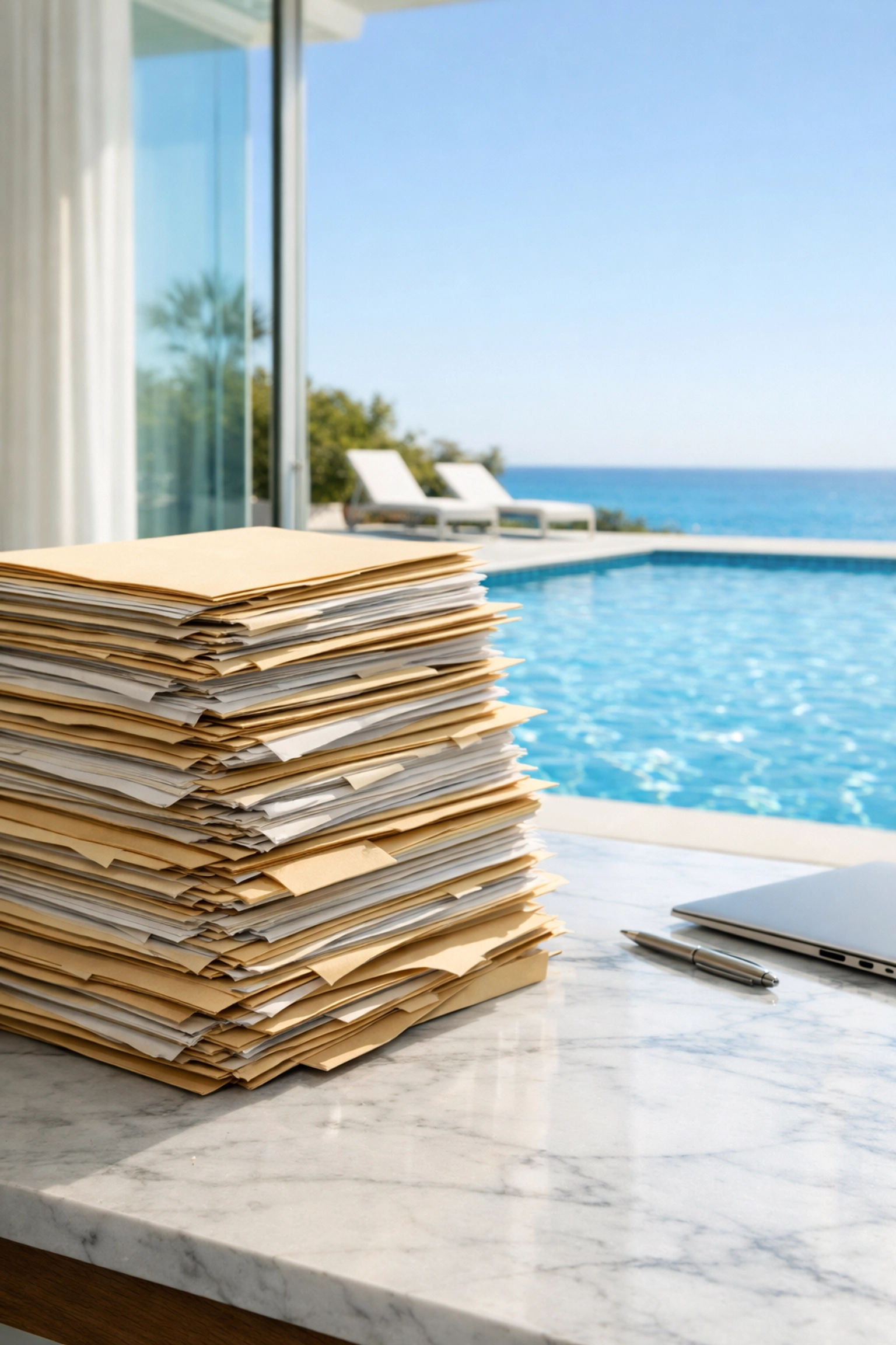 Modern office paperwork on a desk with a swimming pool view, representing SBA loan challenges for pool routes.