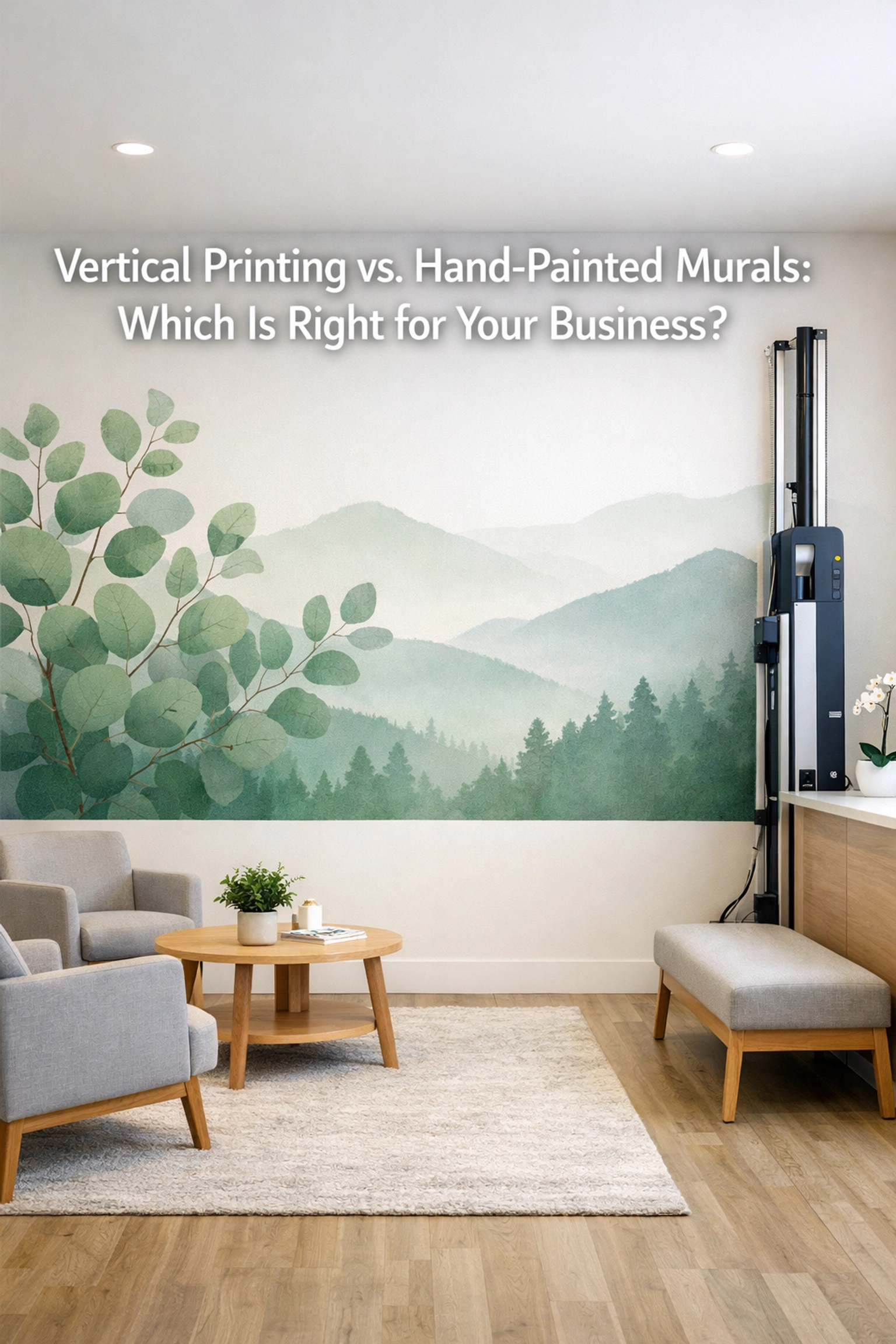 Vertical wall printer installing a nature mural in a clean Knoxville medical office waiting room.