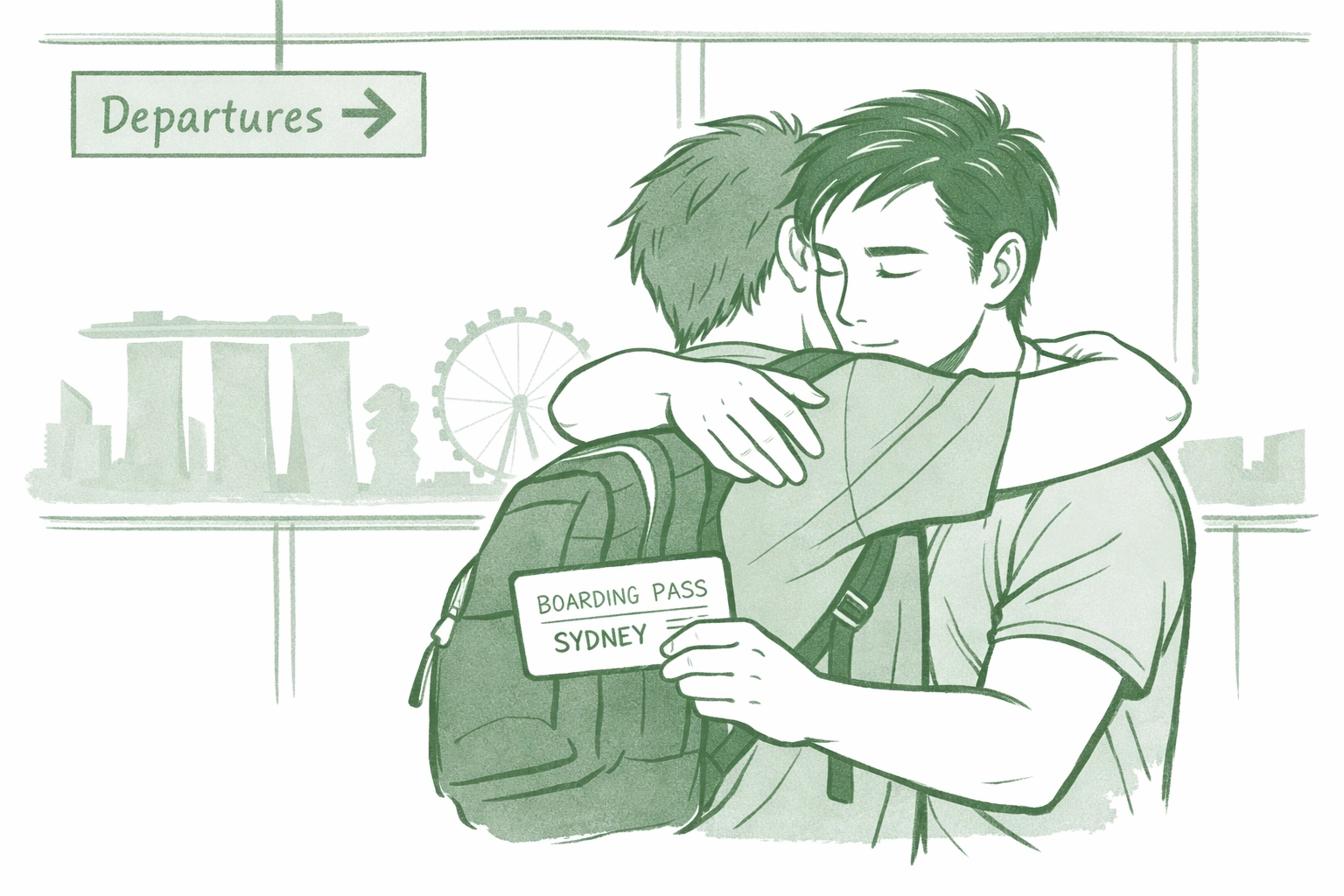 Gay couple saying goodbye at Singapore airport as one leaves for Sydney seeking LGBTQ+ freedom