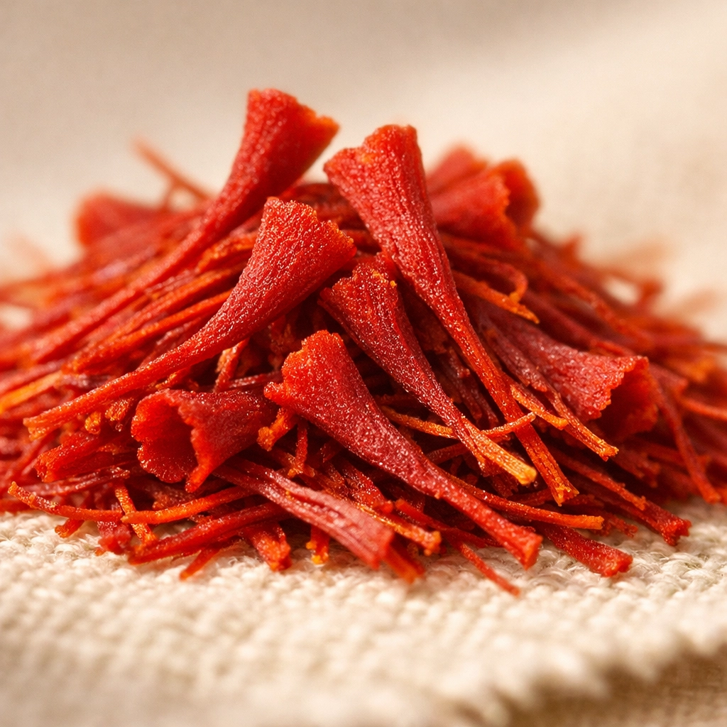 Close-up of premium Mongra saffron threads on linen, showing the deep red color and high quality.