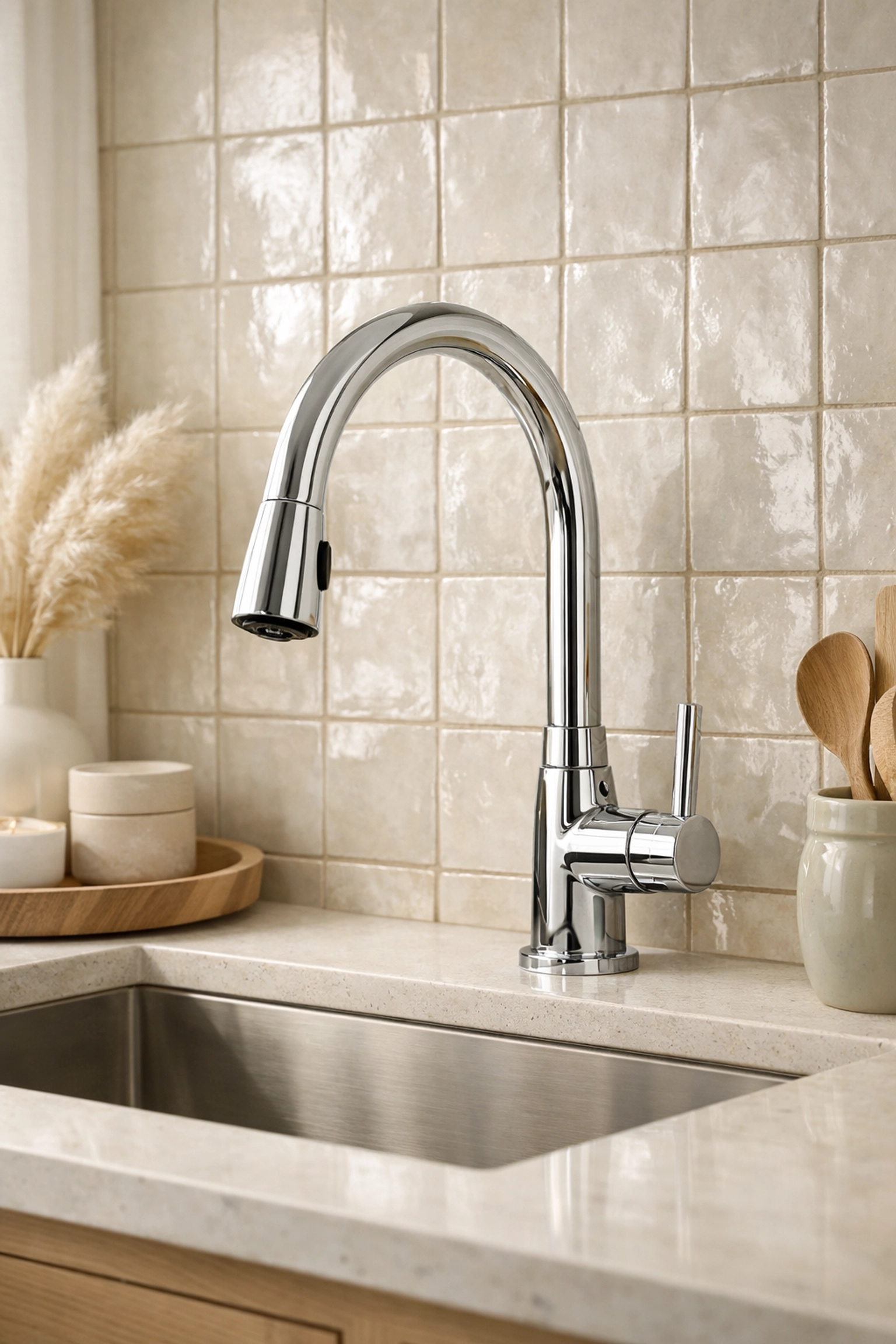 Expertly installed kitchen faucet and backsplash showcasing high-quality home improvement.