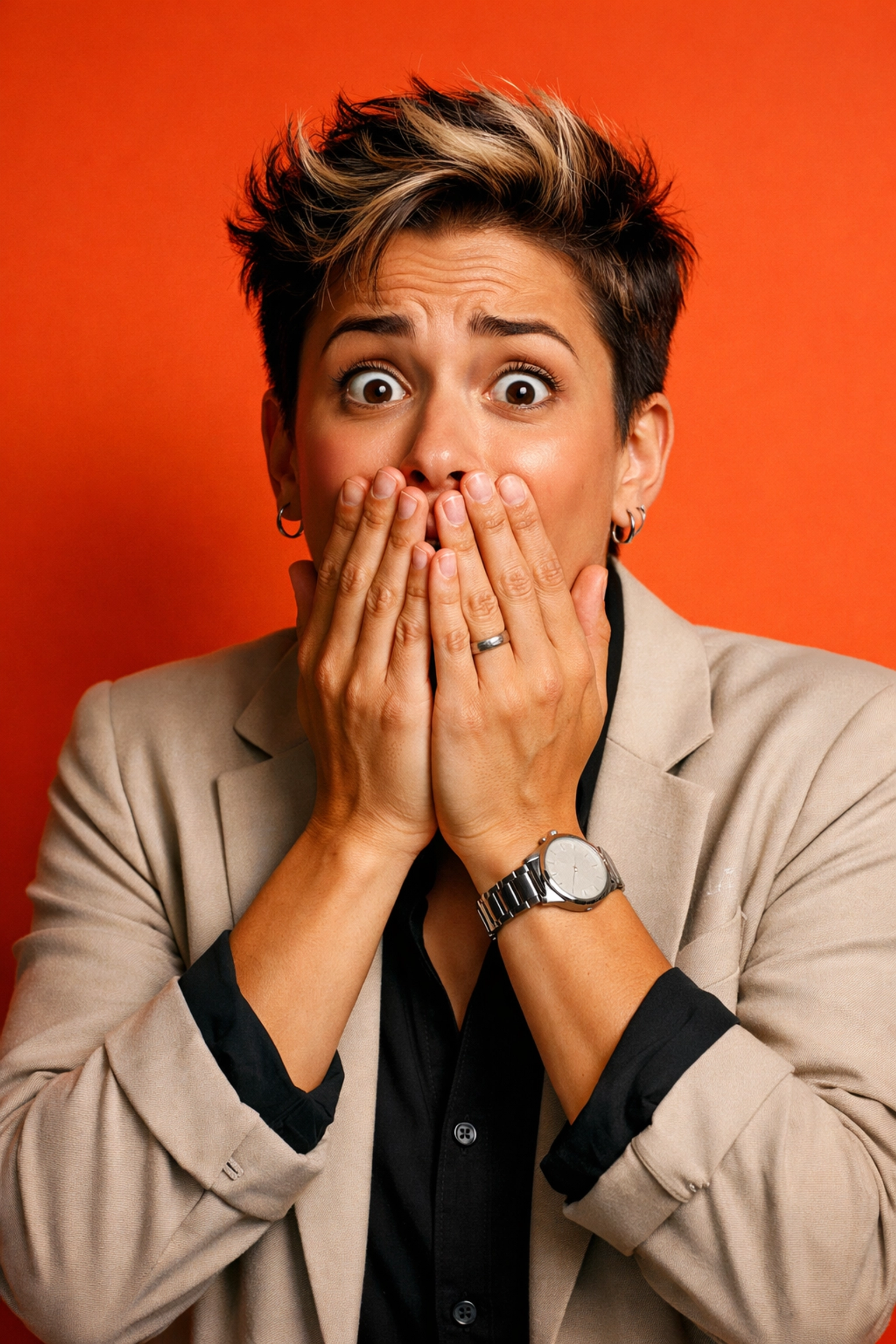 Embarrassed podcast host covering mouth after bad joke on air